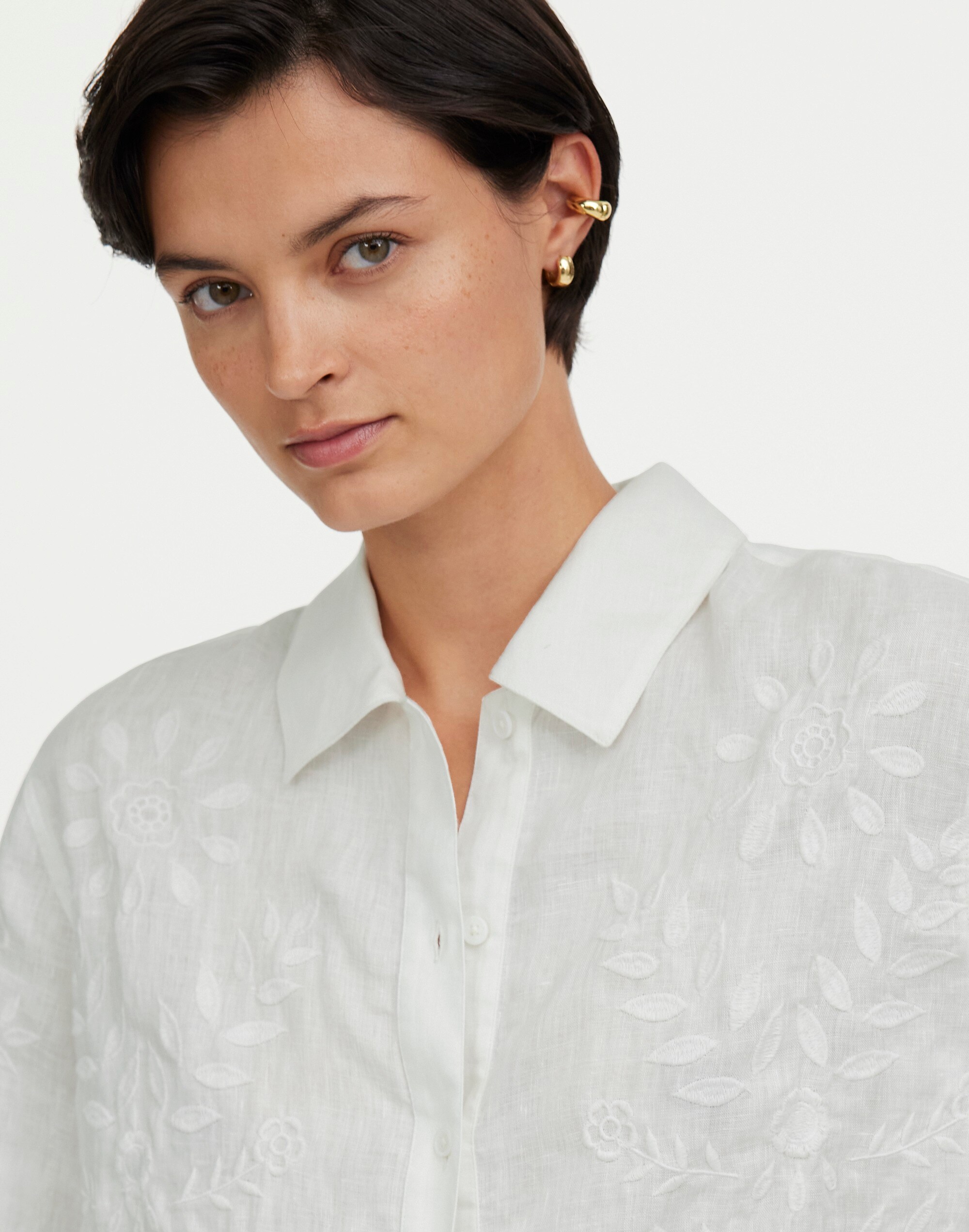Boxy Button-Front Shirt in Eyelet