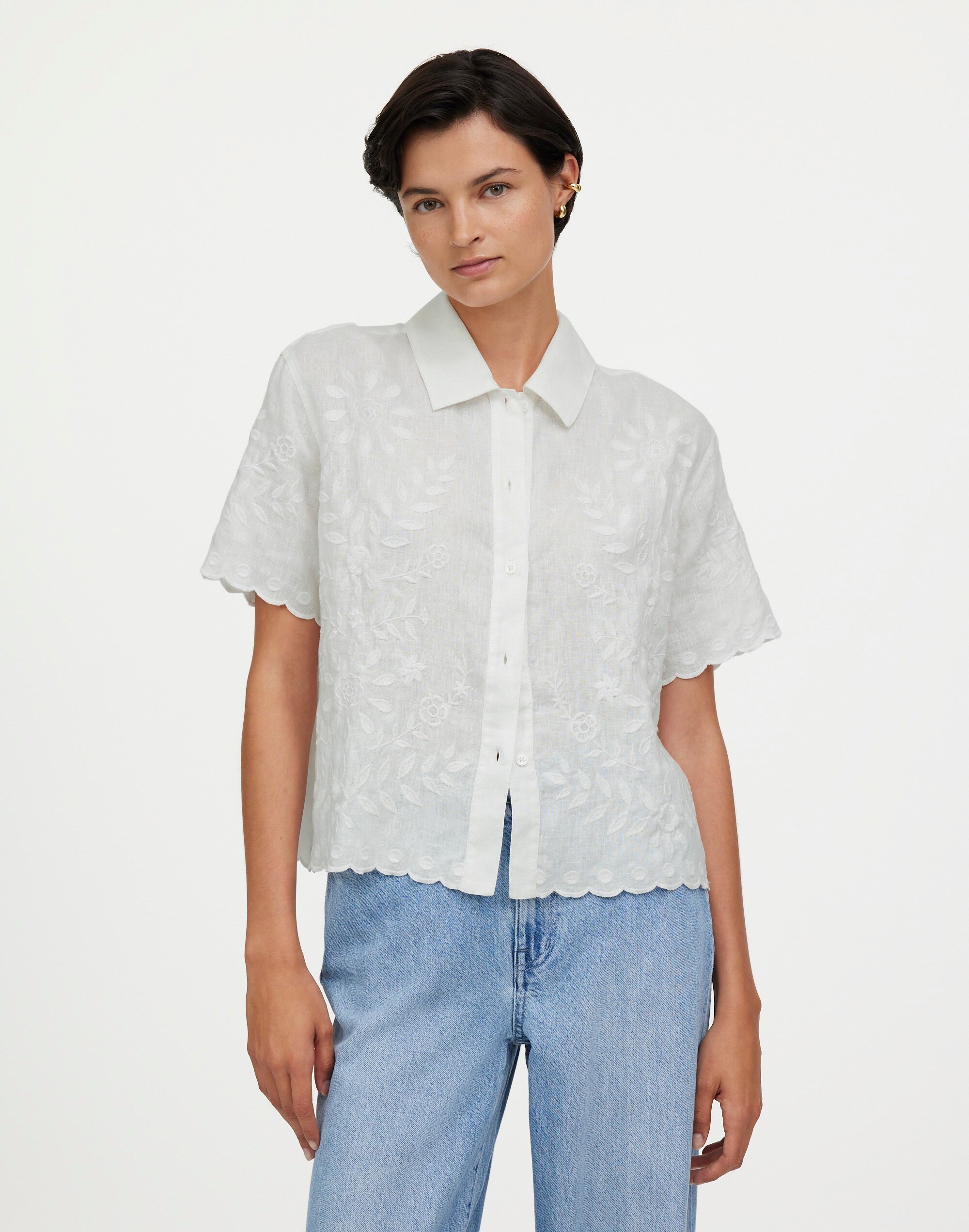 Boxy Button-Front Shirt in Eyelet