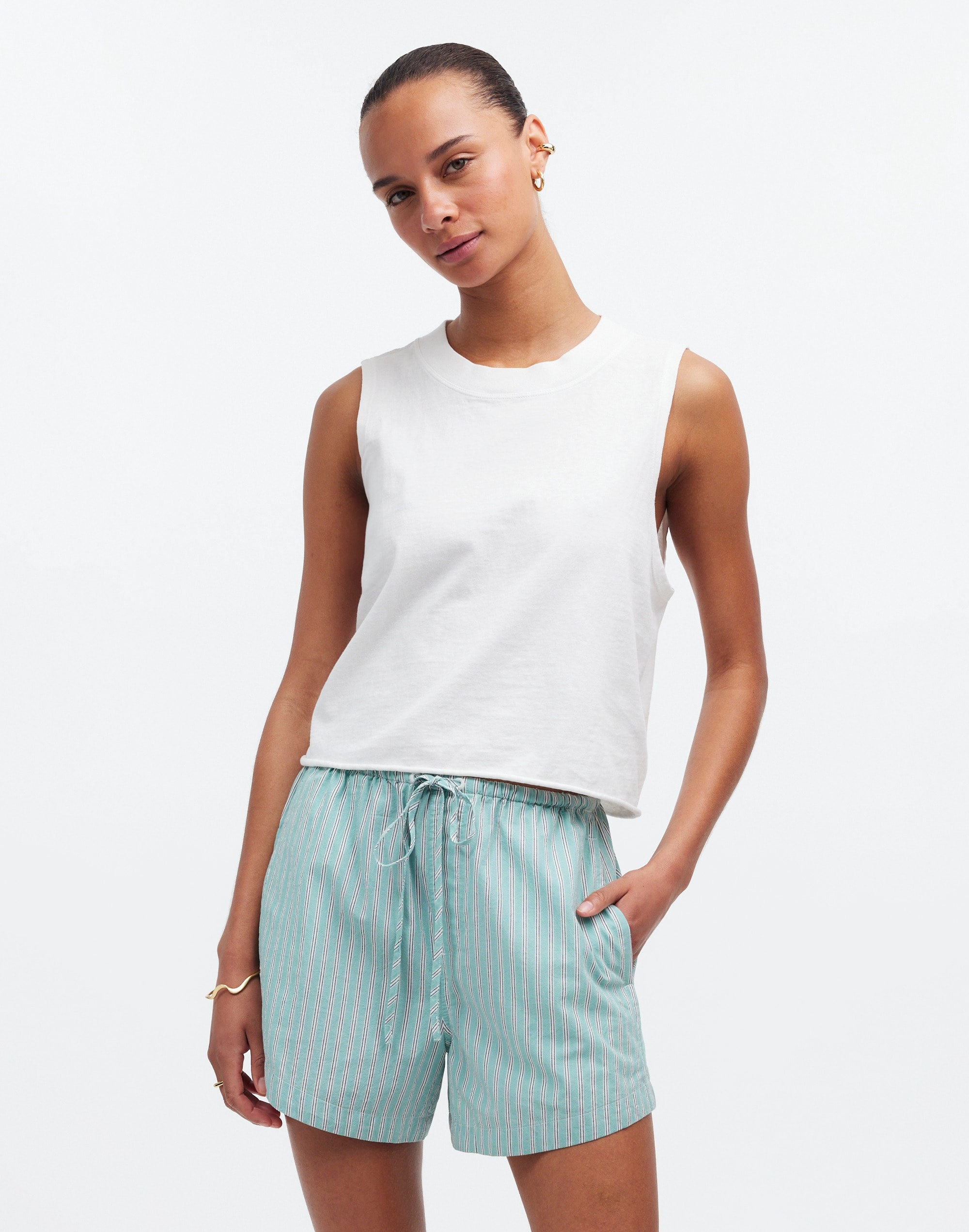 drawstring pull-on shorts in crinkle poplin