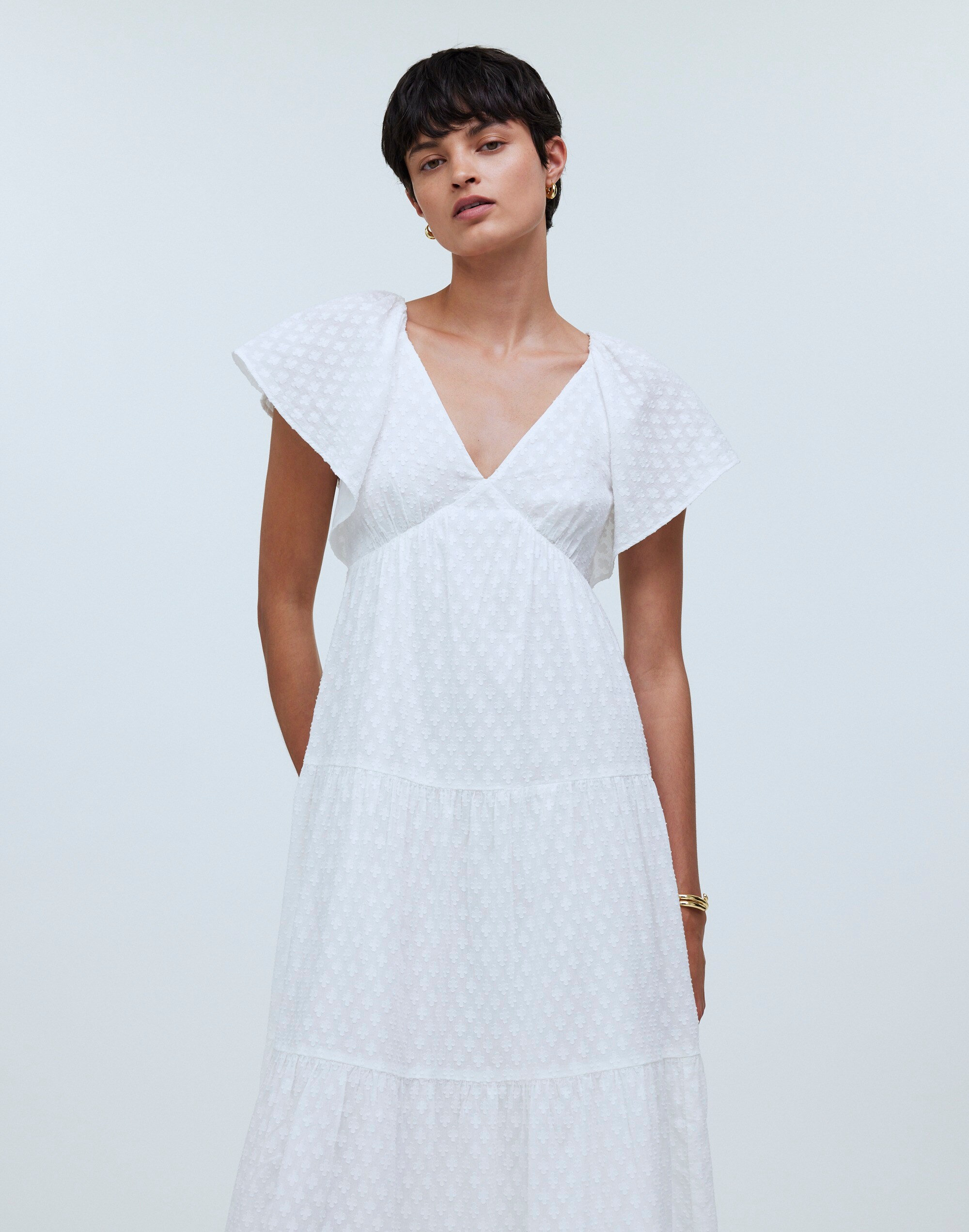 Tie-Back Flutter-Sleeve Tiered Midi Dress