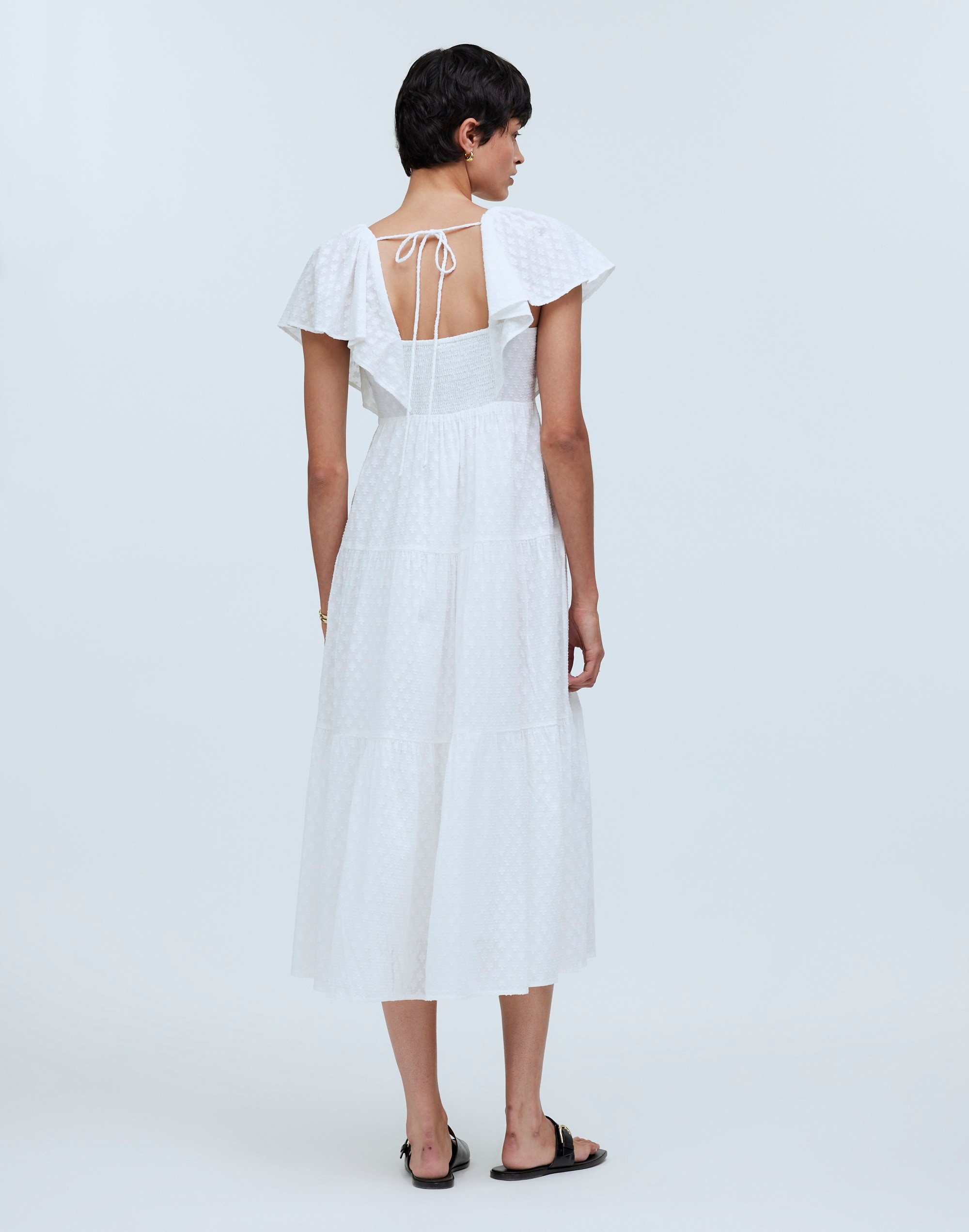 Tie-Back Flutter-Sleeve Tiered Midi Dress