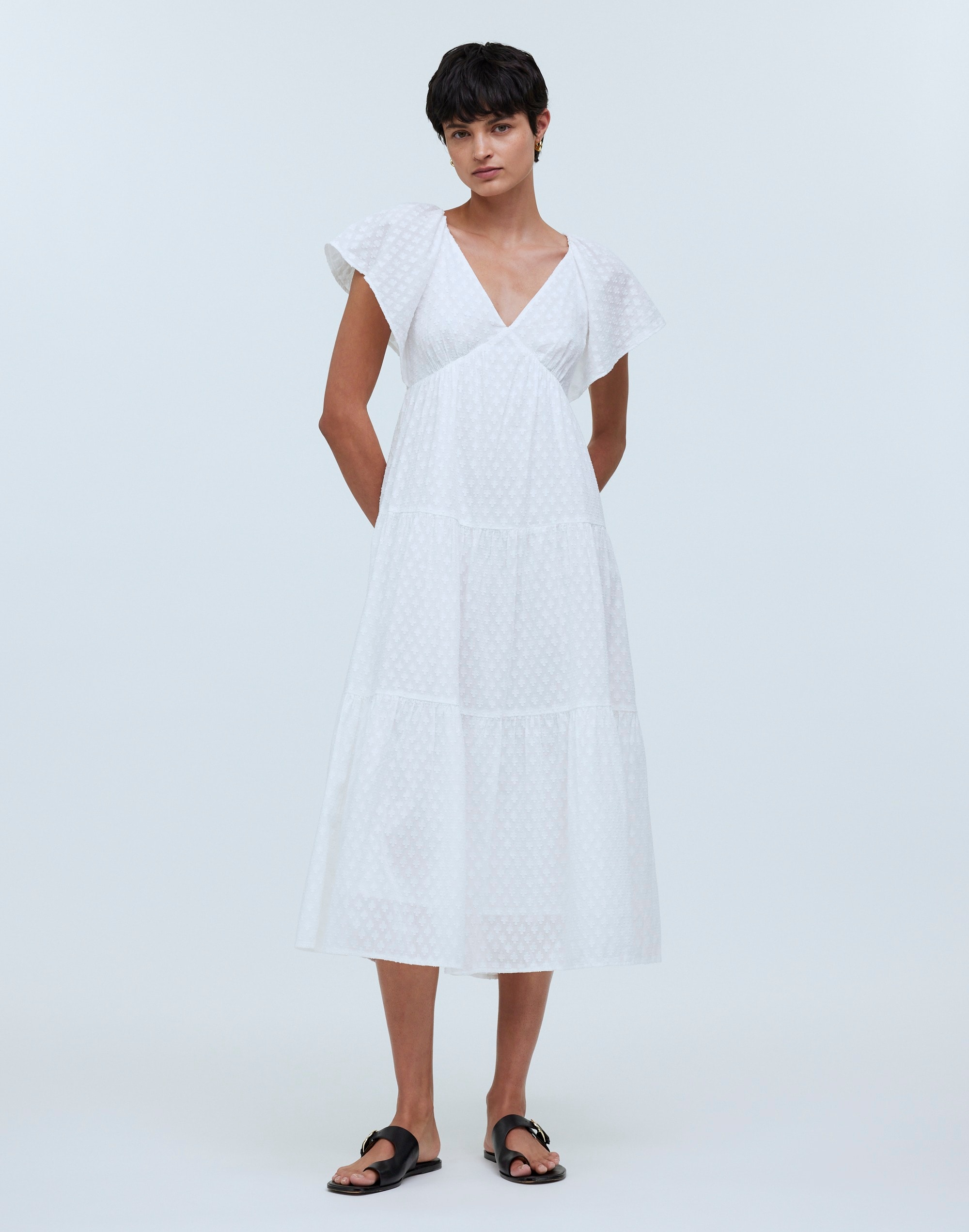 Tie-Back Flutter-Sleeve Tiered Midi Dress