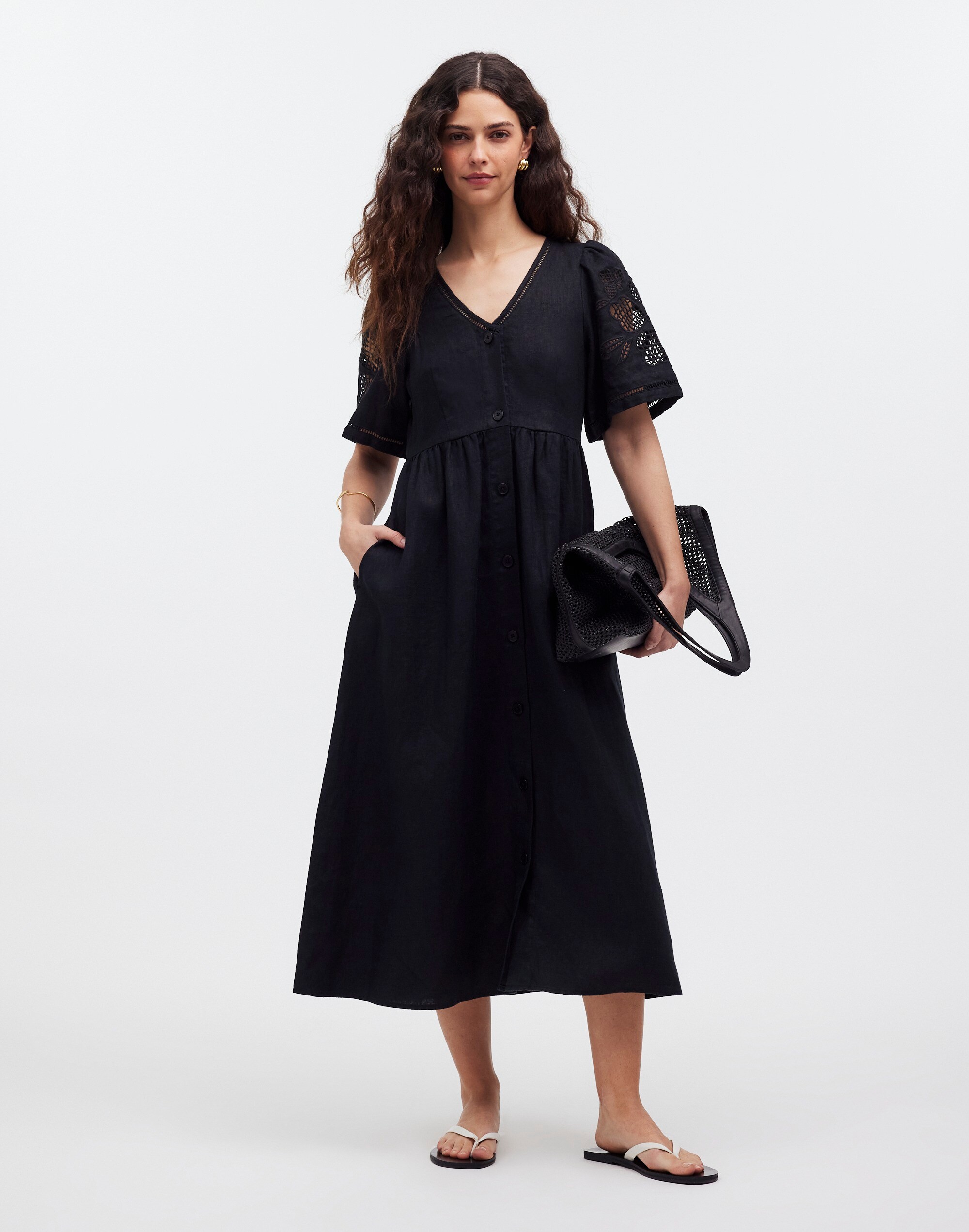 Cassie Button-Front Midi Dress in Embroidered Linen
