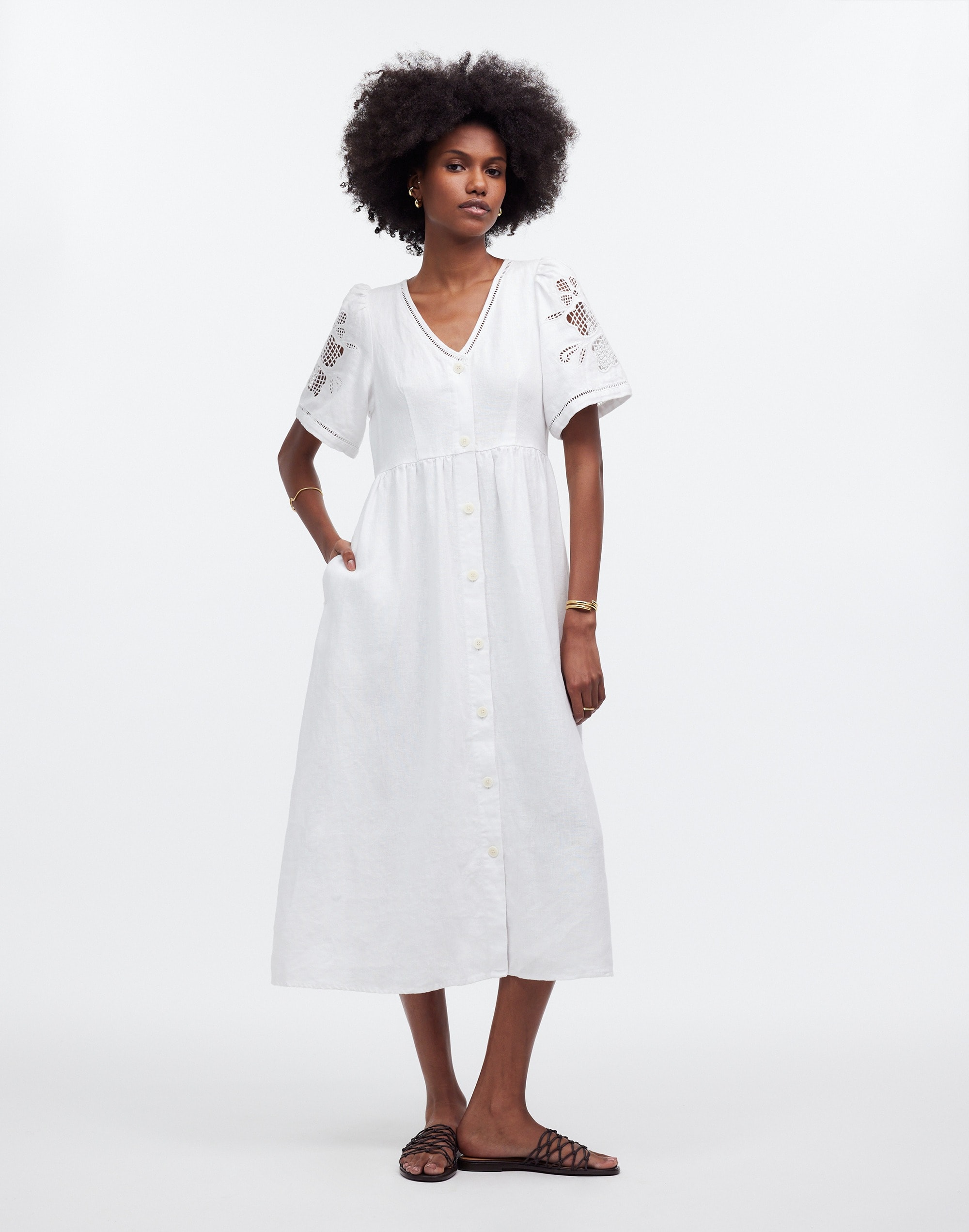 Shop Mw Cassie Button-front Midi Dress In Eyelet White