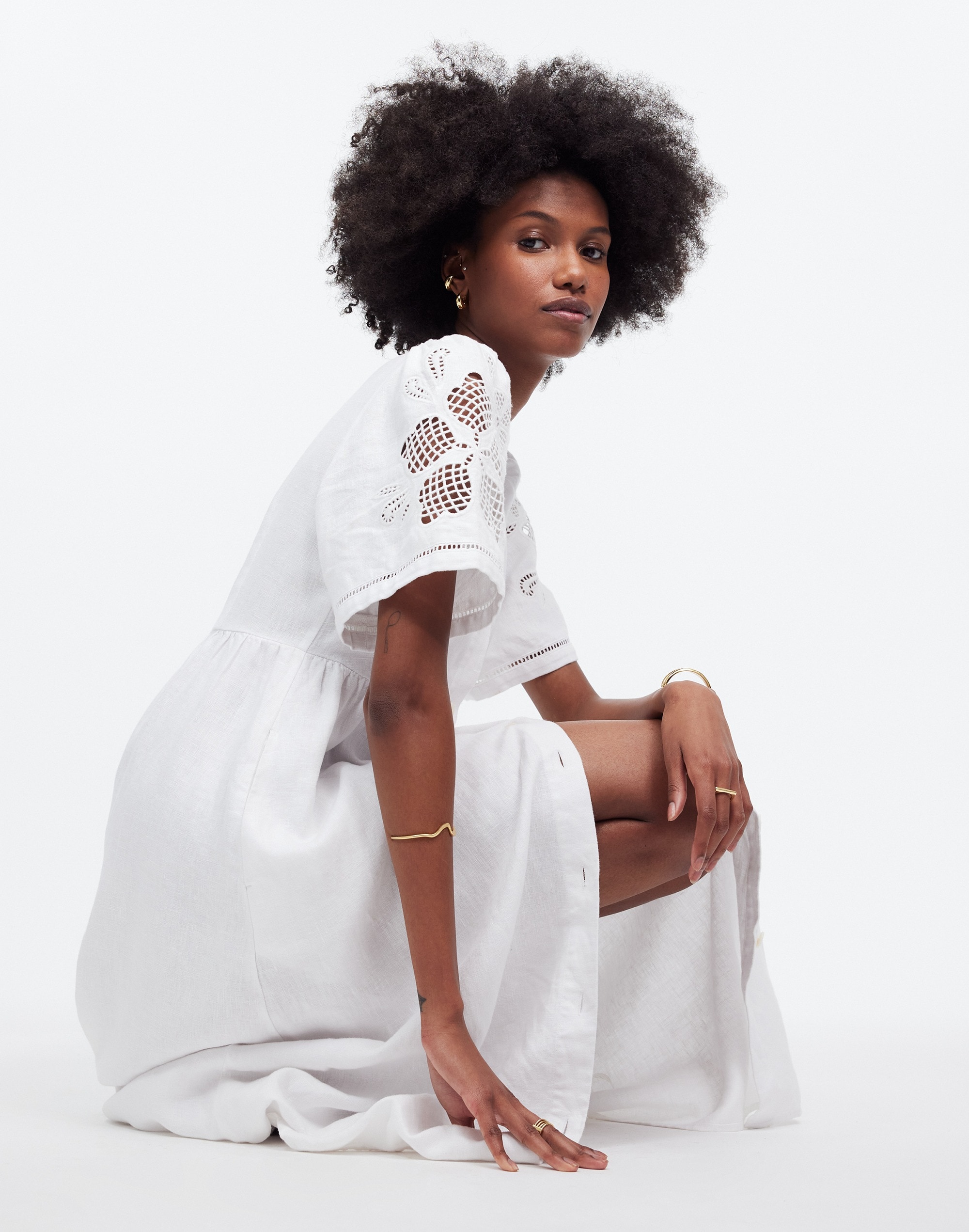 Cassie Button-Front Midi Dress in Embroidered Linen