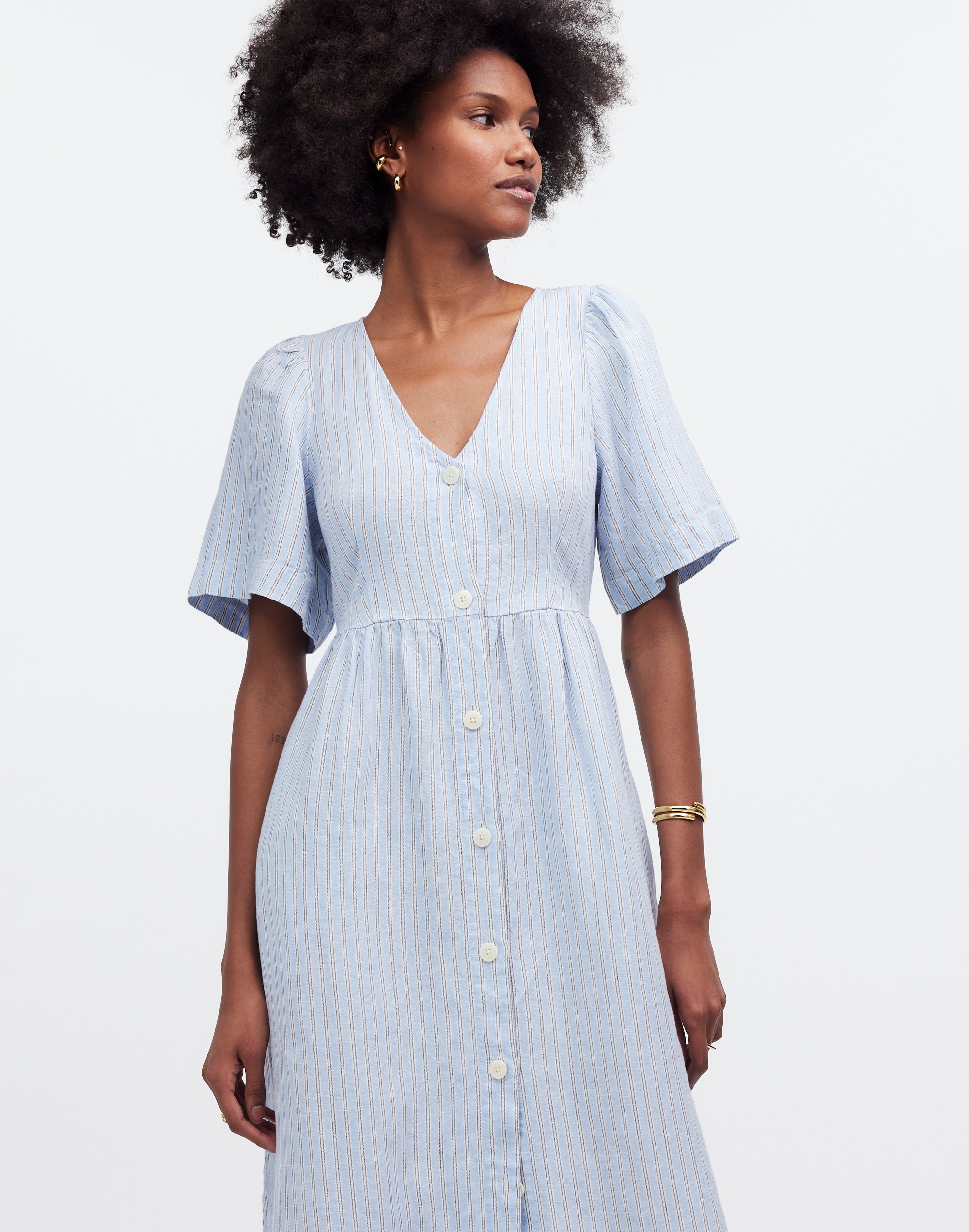 cassie button-front midi dress in stripe 100% linen