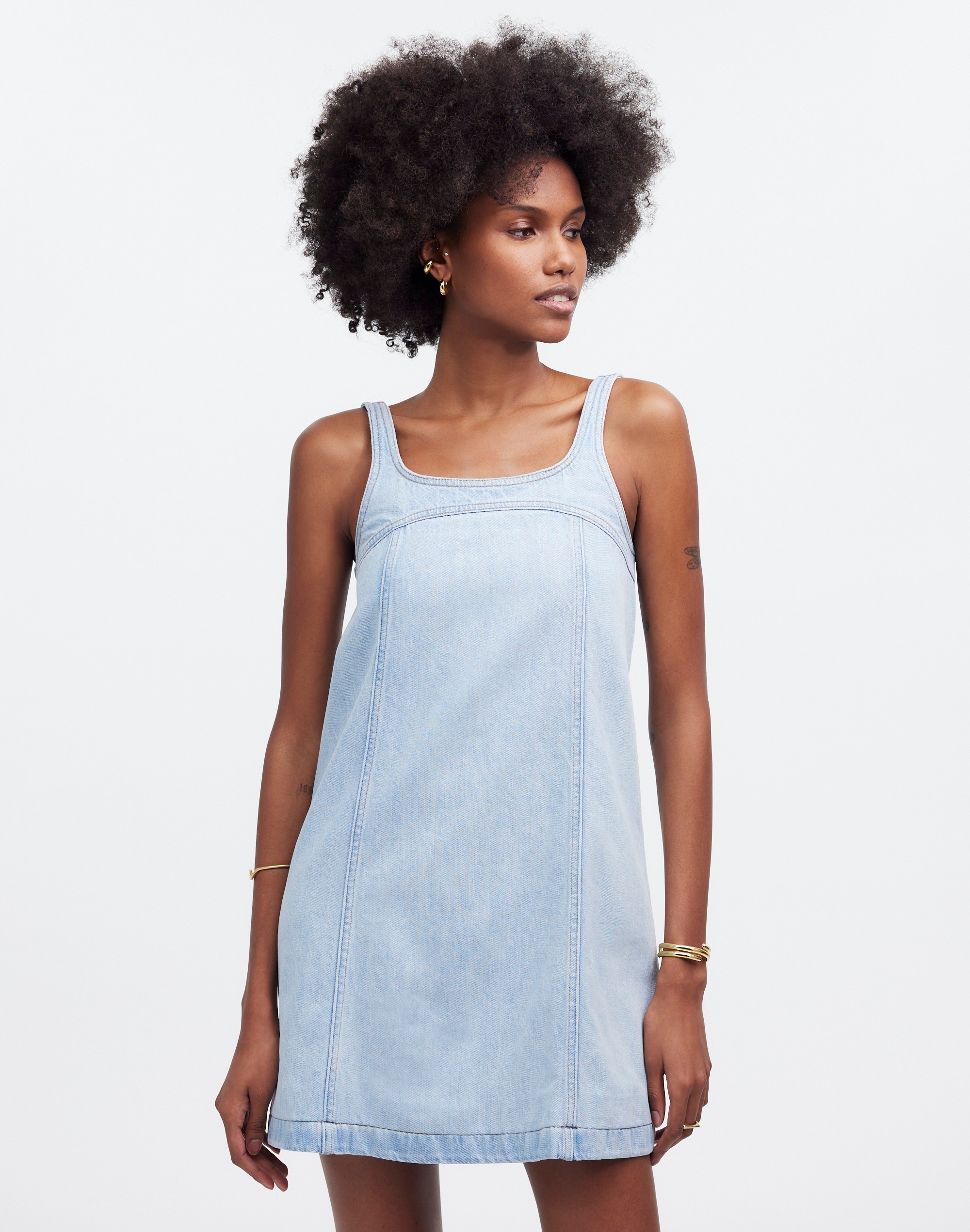 Mw Denim A-line Sleeveless Mini Dress In Fitzgerald Wash
