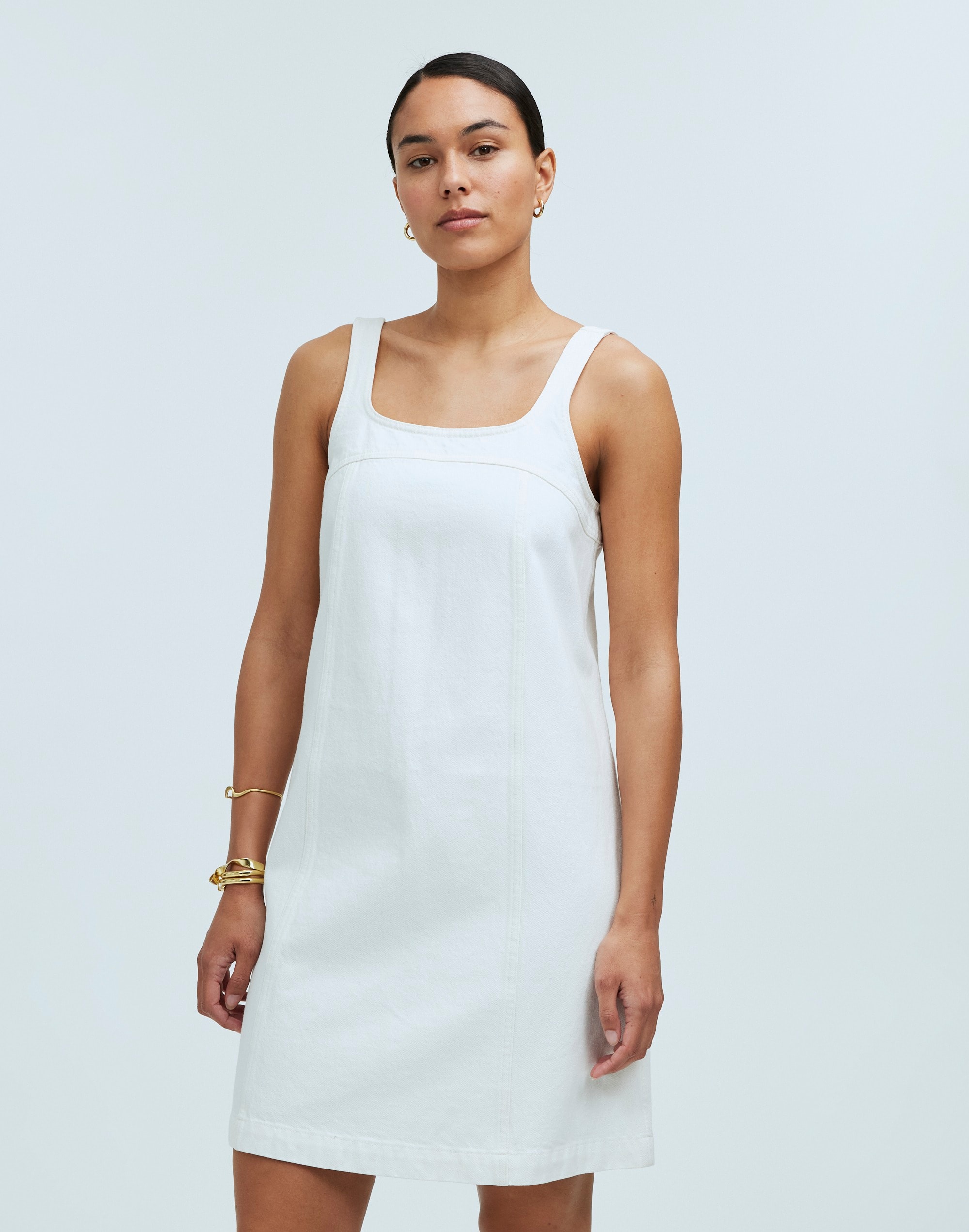 Shop Mw Denim A-line Sleeveless Mini Dress In Tile White