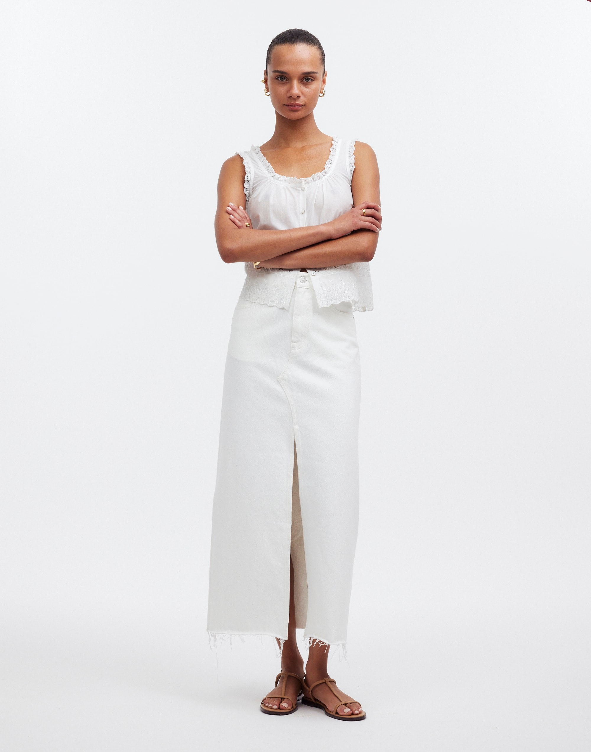 Mw The Rilee Denim Midi Skirt In Tile White