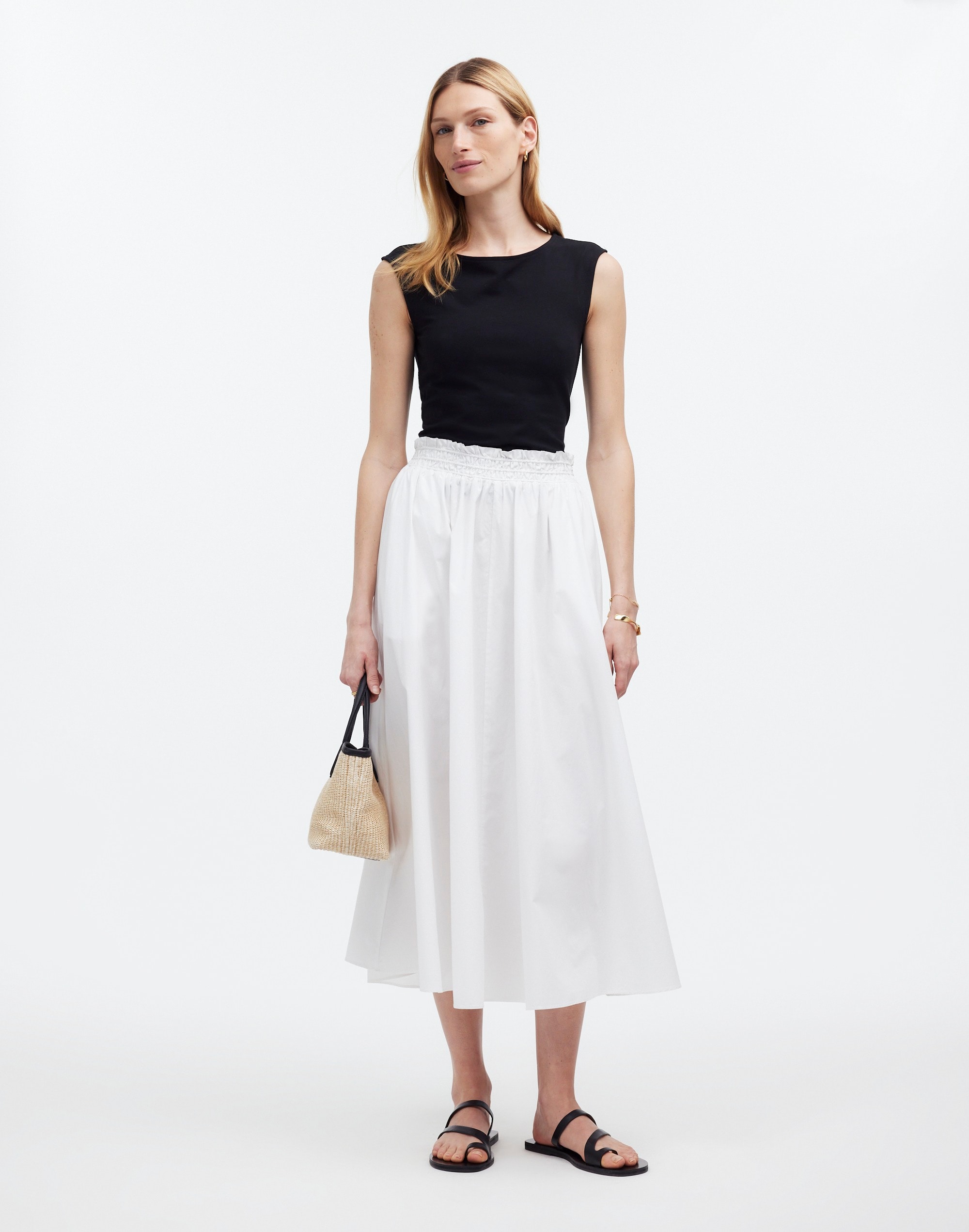 Mw Pull-on Paperbag Midi Skirt In White