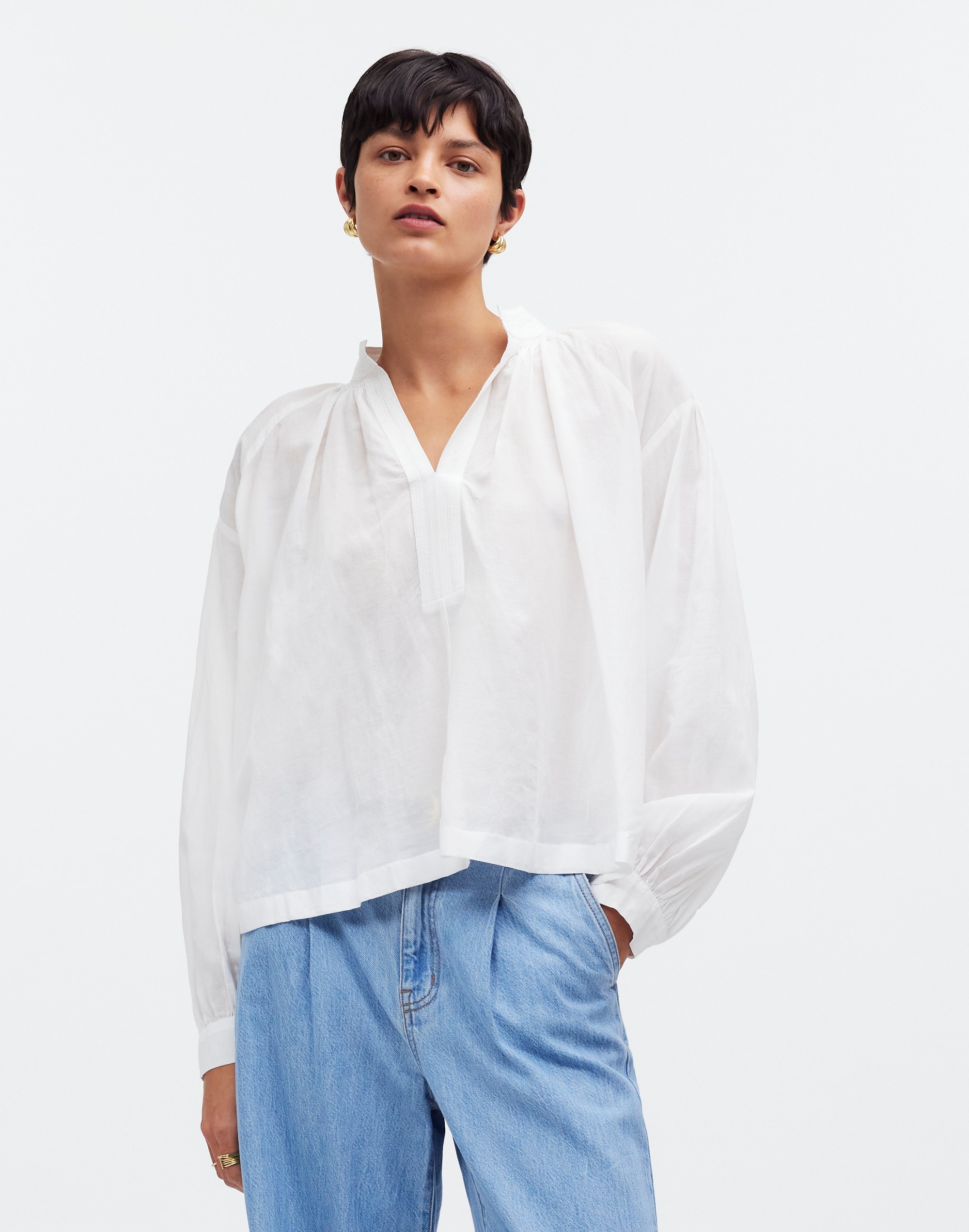 Shop Mw Shirred Long-sleeve Top In Eyelet White