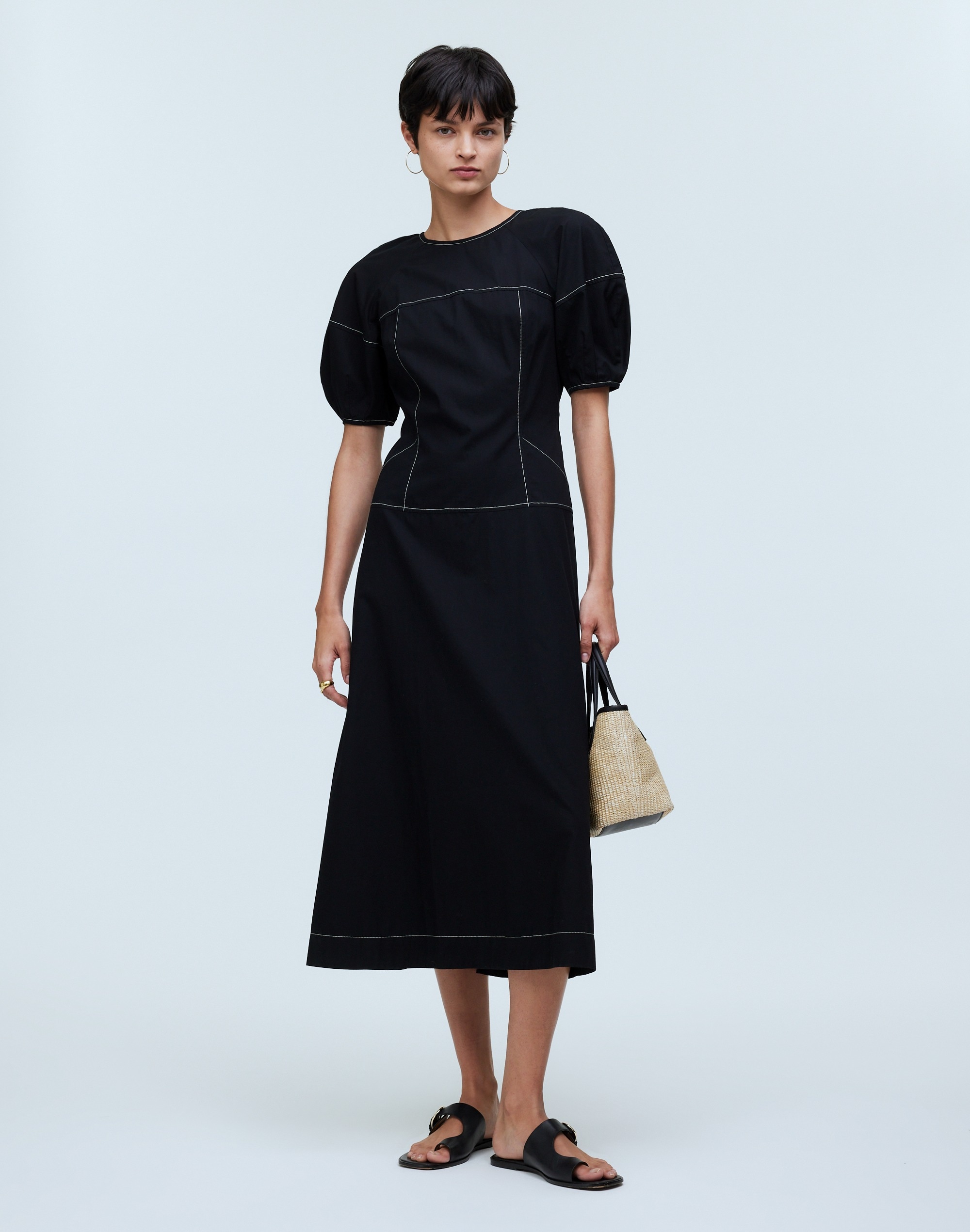 puff-sleeve drop-waist midi dress