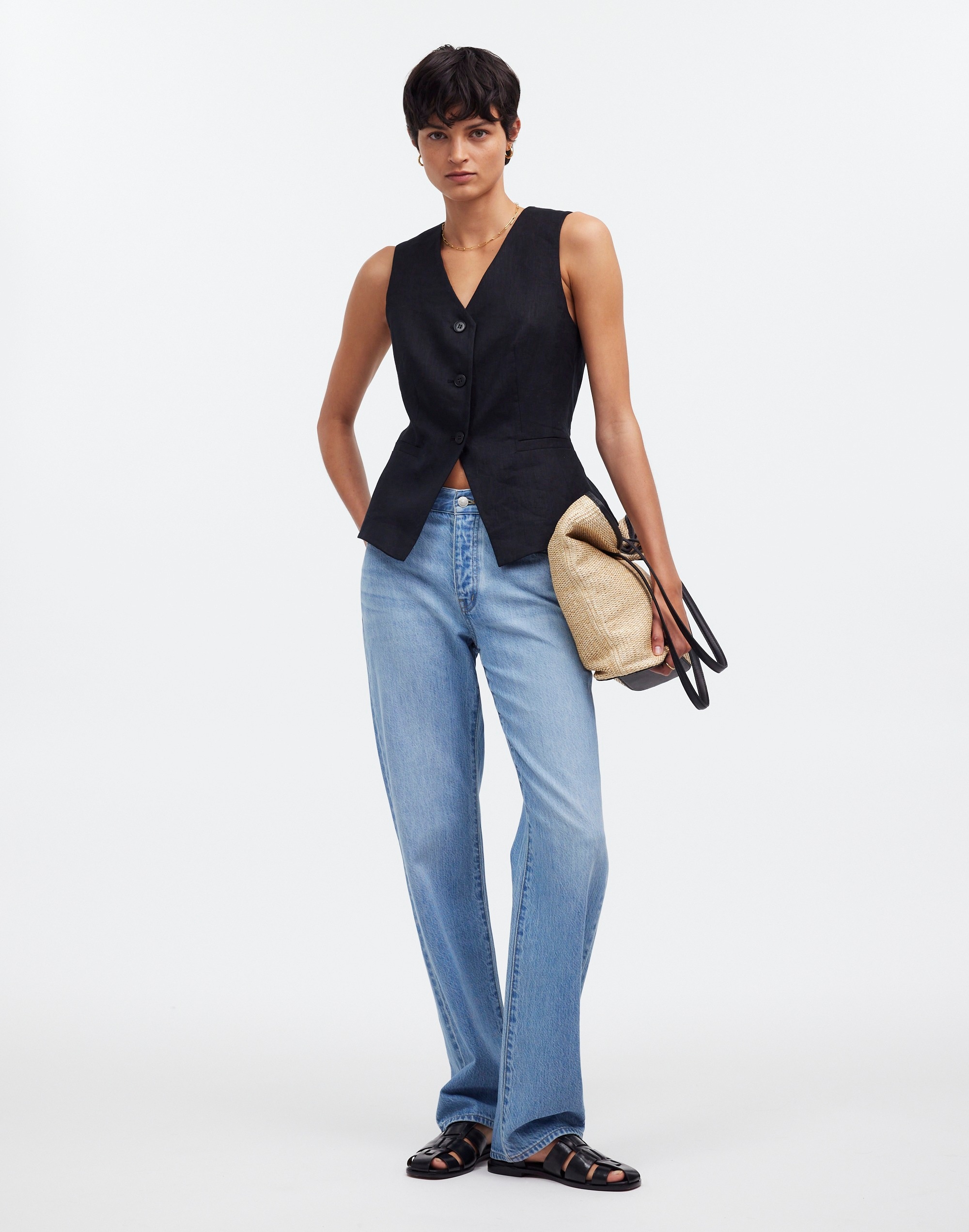 Cutaway Long Vest in 100% Linen in true black image 2