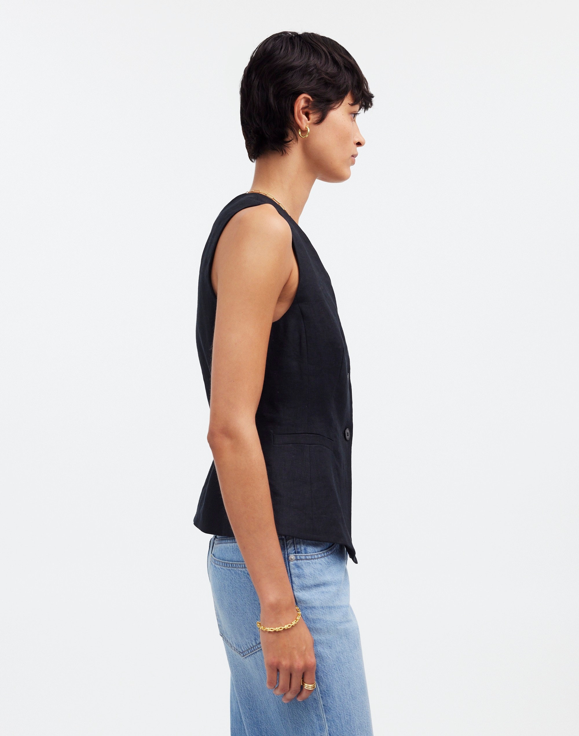Cutaway Long Vest in 100% Linen in true black image 3