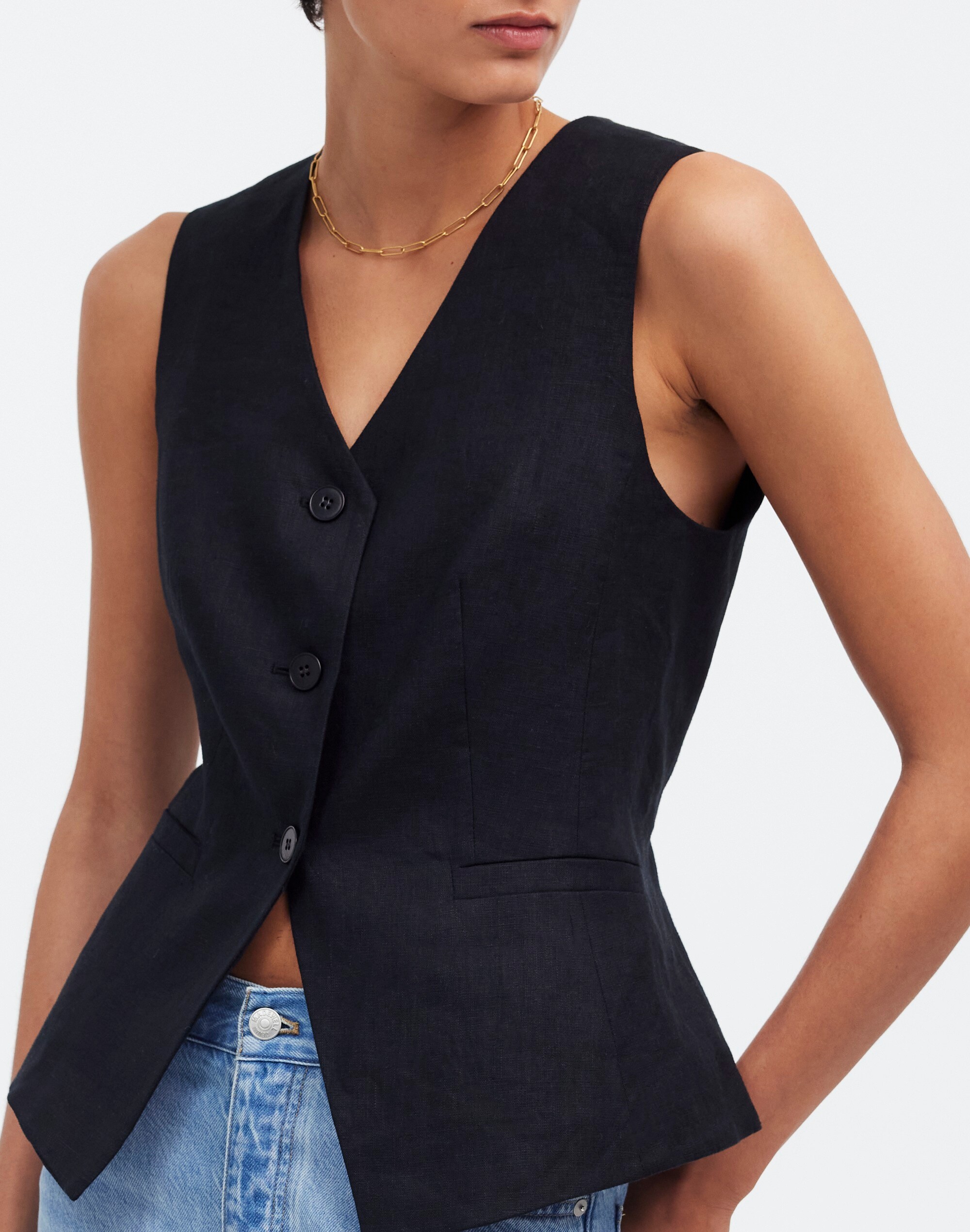 Cutaway Long Vest in 100% Linen in true black image 5