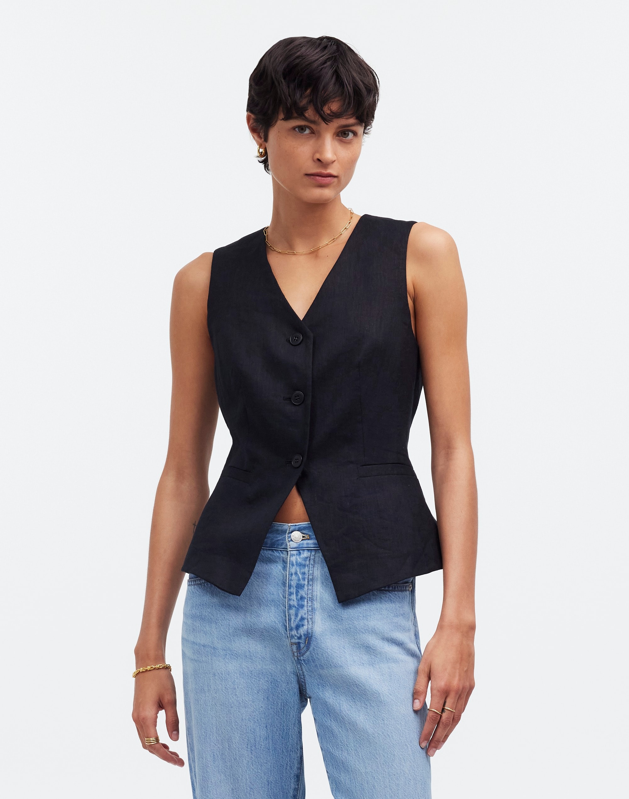 cutaway long vest in 100% linen