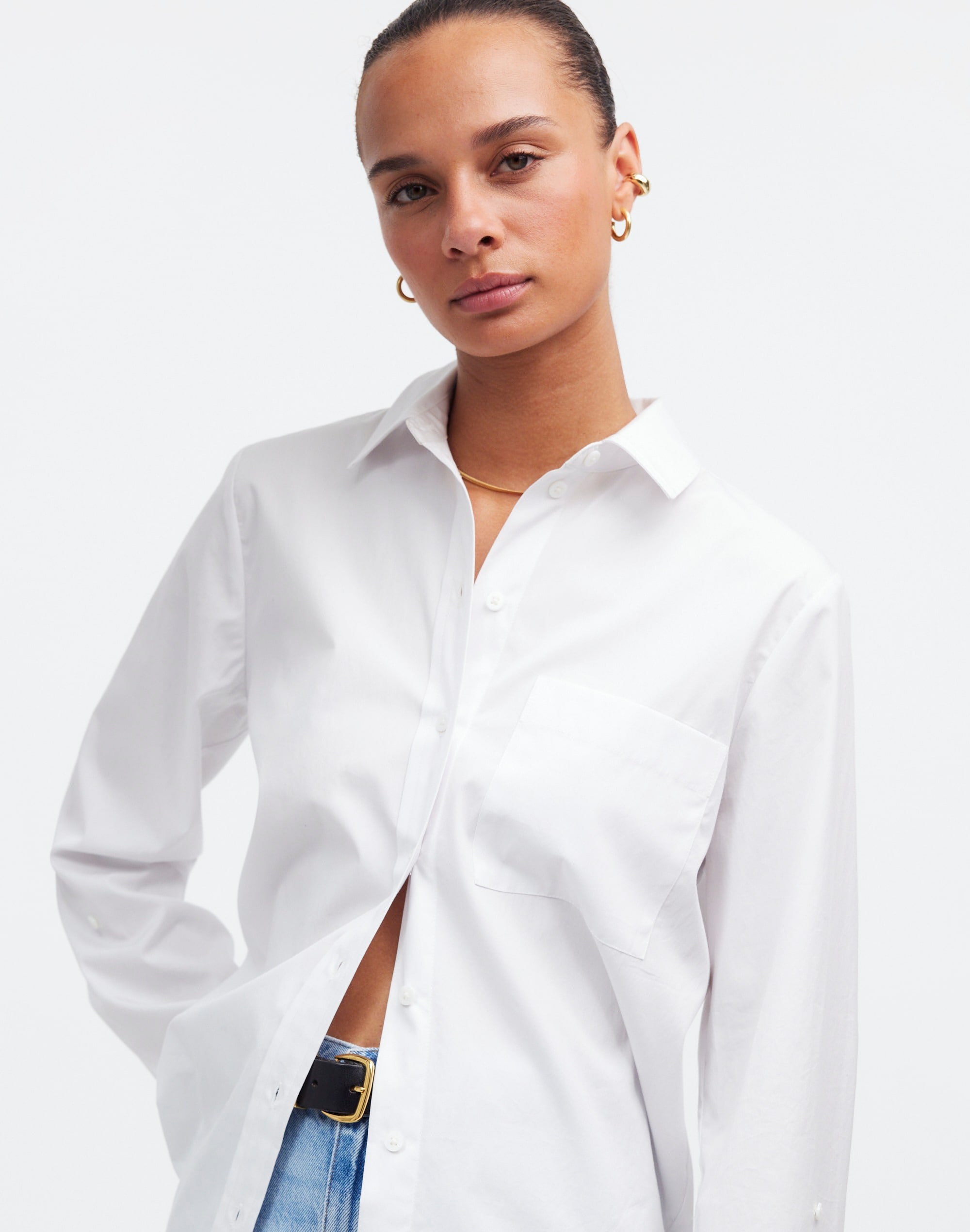 Mw Relaxed Button-front Shirt In Eyelet White