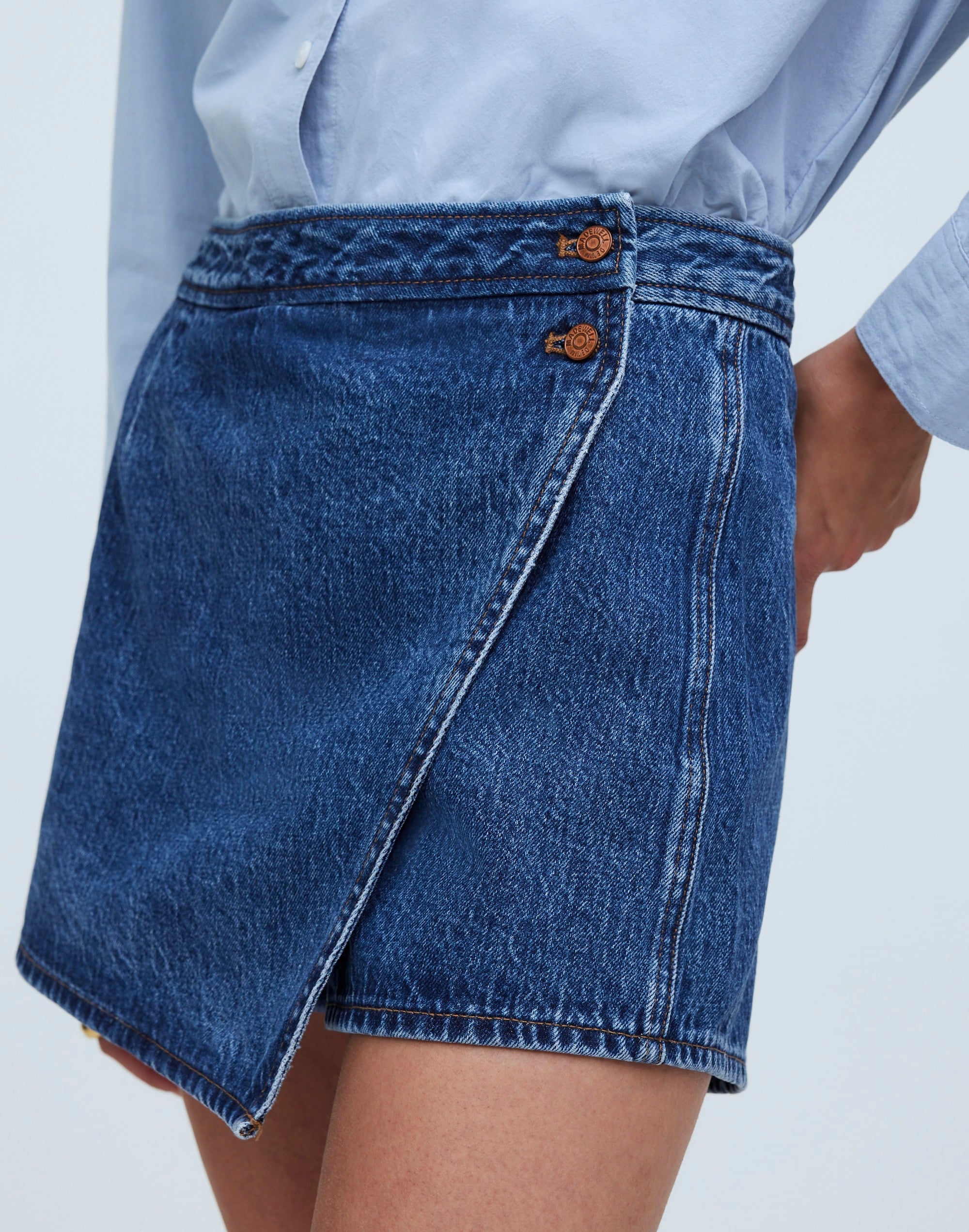 Denim Wrap Mini Skort in Haworth Wash in haworth wash image 5