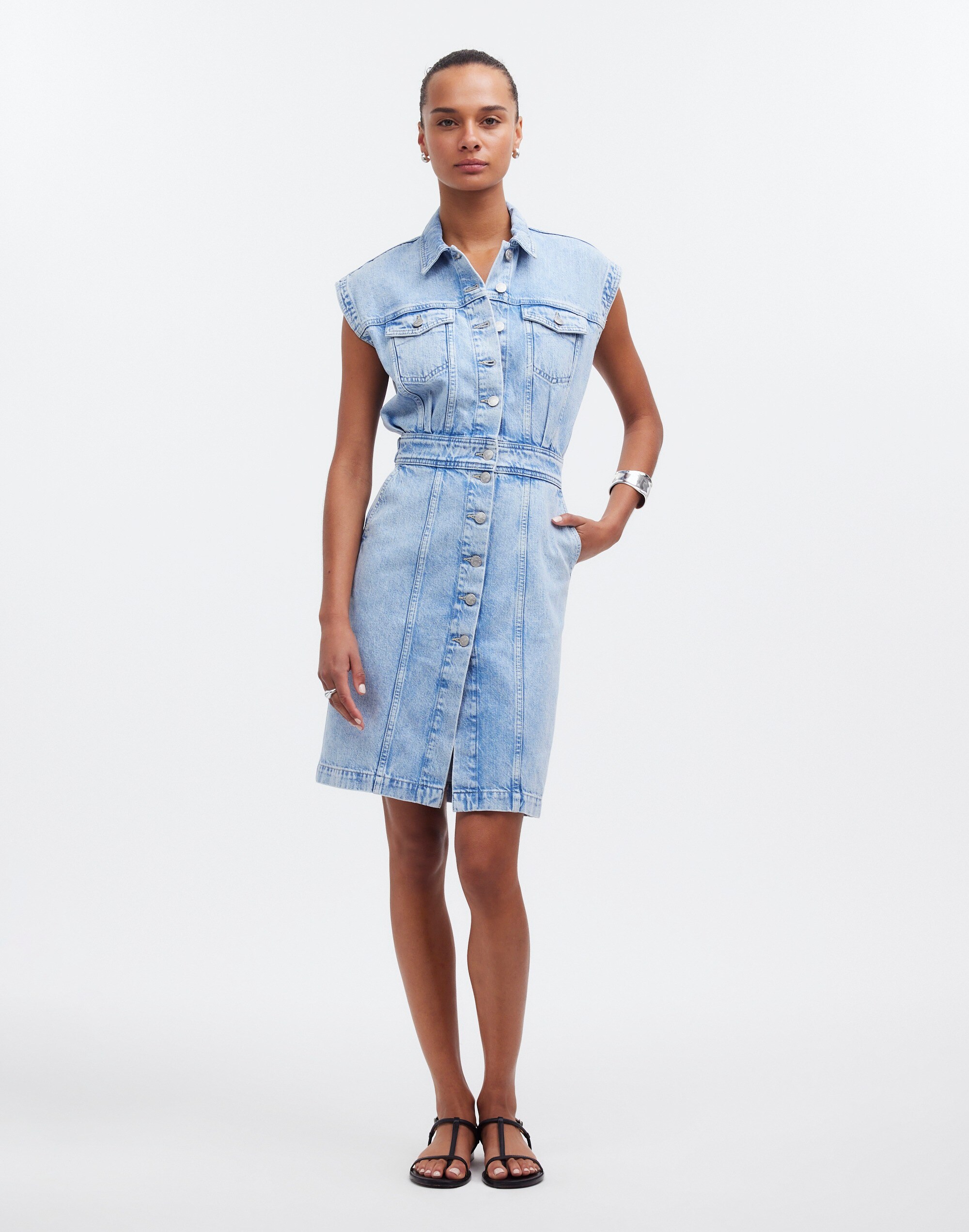 Denim Cap-Sleeve Shirtdress in Aquino Wash