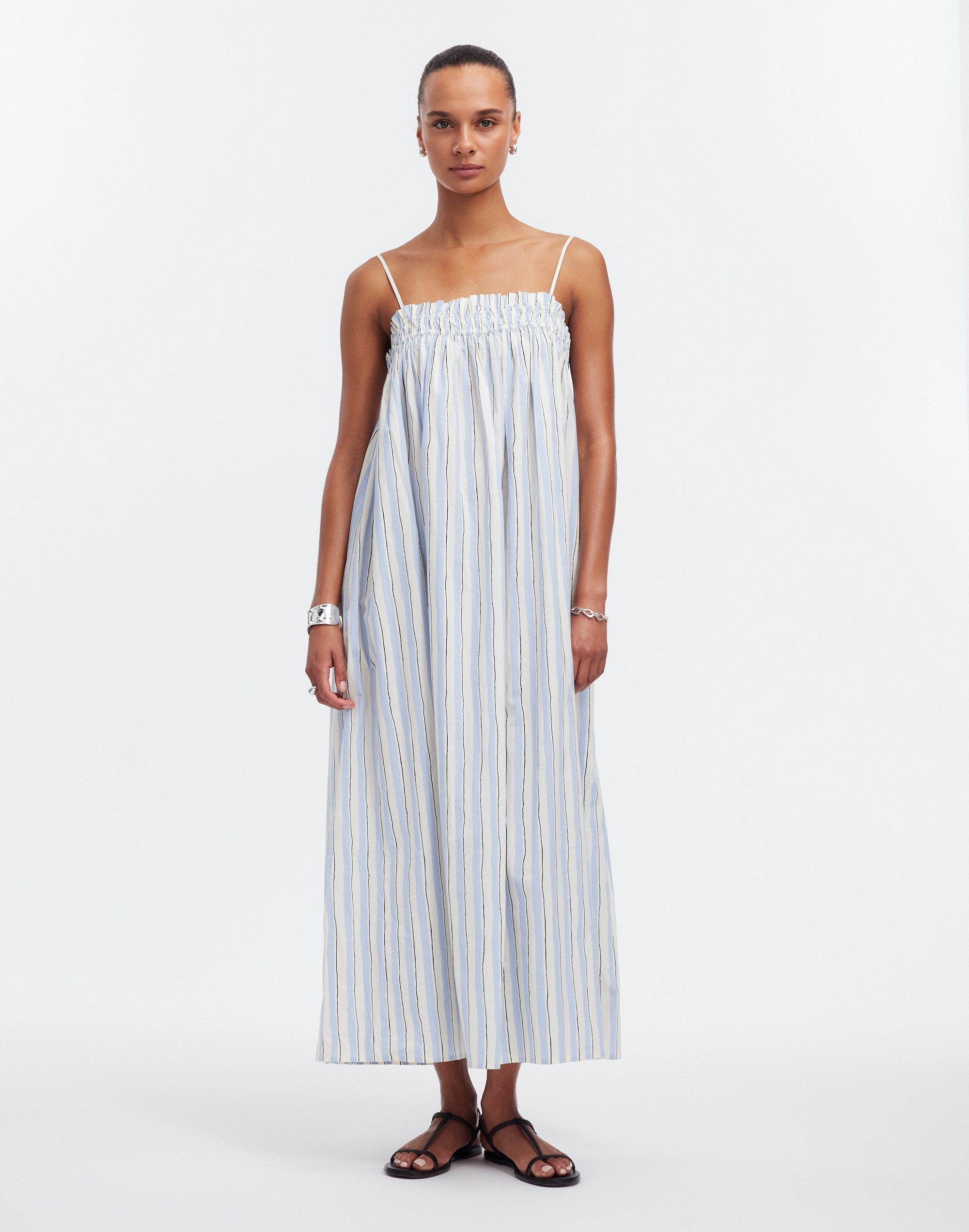 ruffle a-line midi dress in stripe poplin