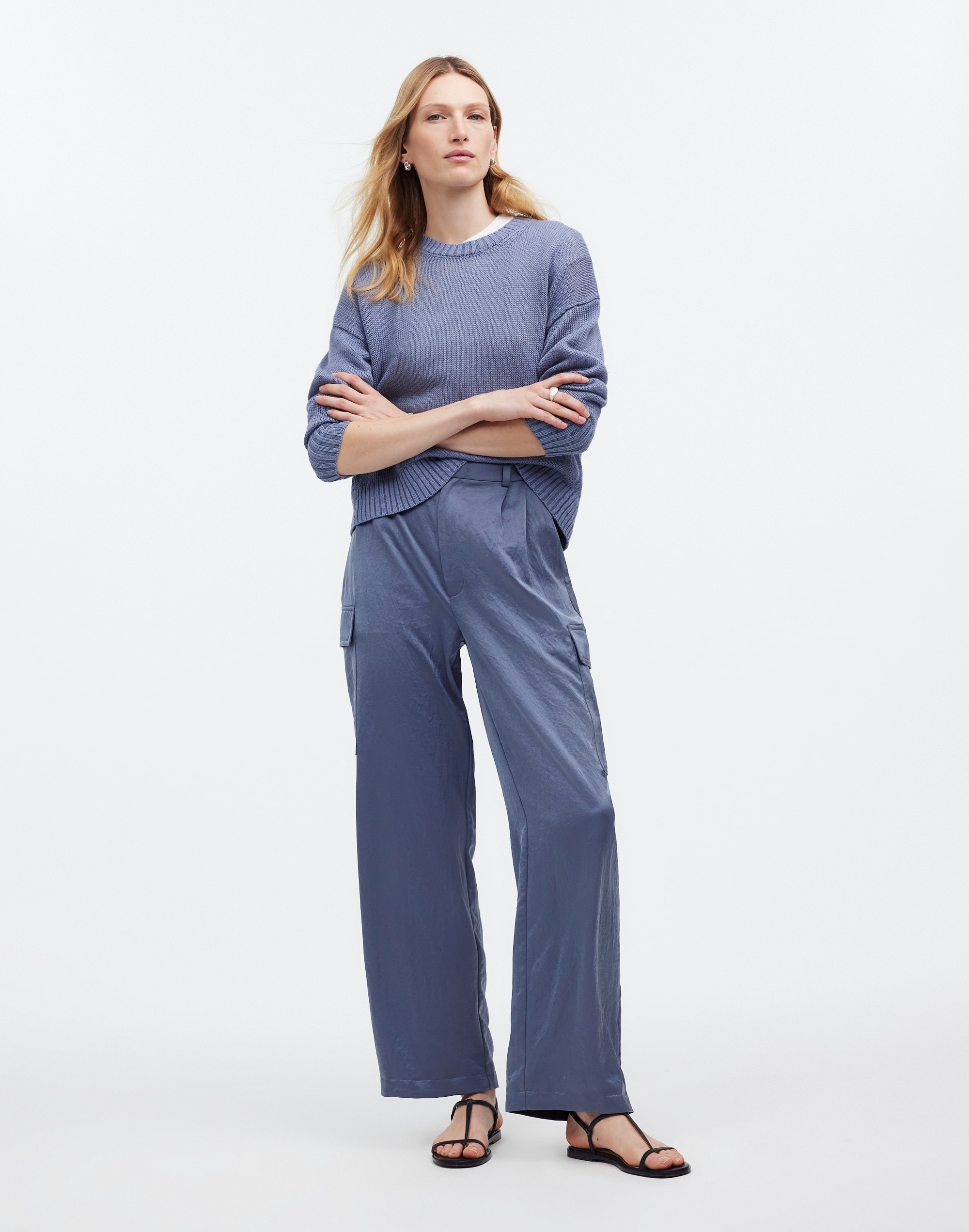 high-rise straight cargo trousers in satin