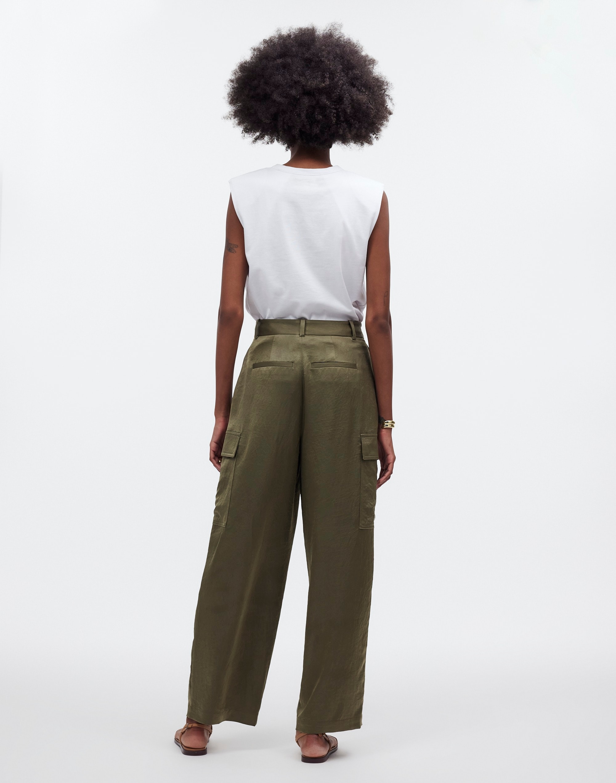 High-Rise Straight Cargo Trousers in Satin