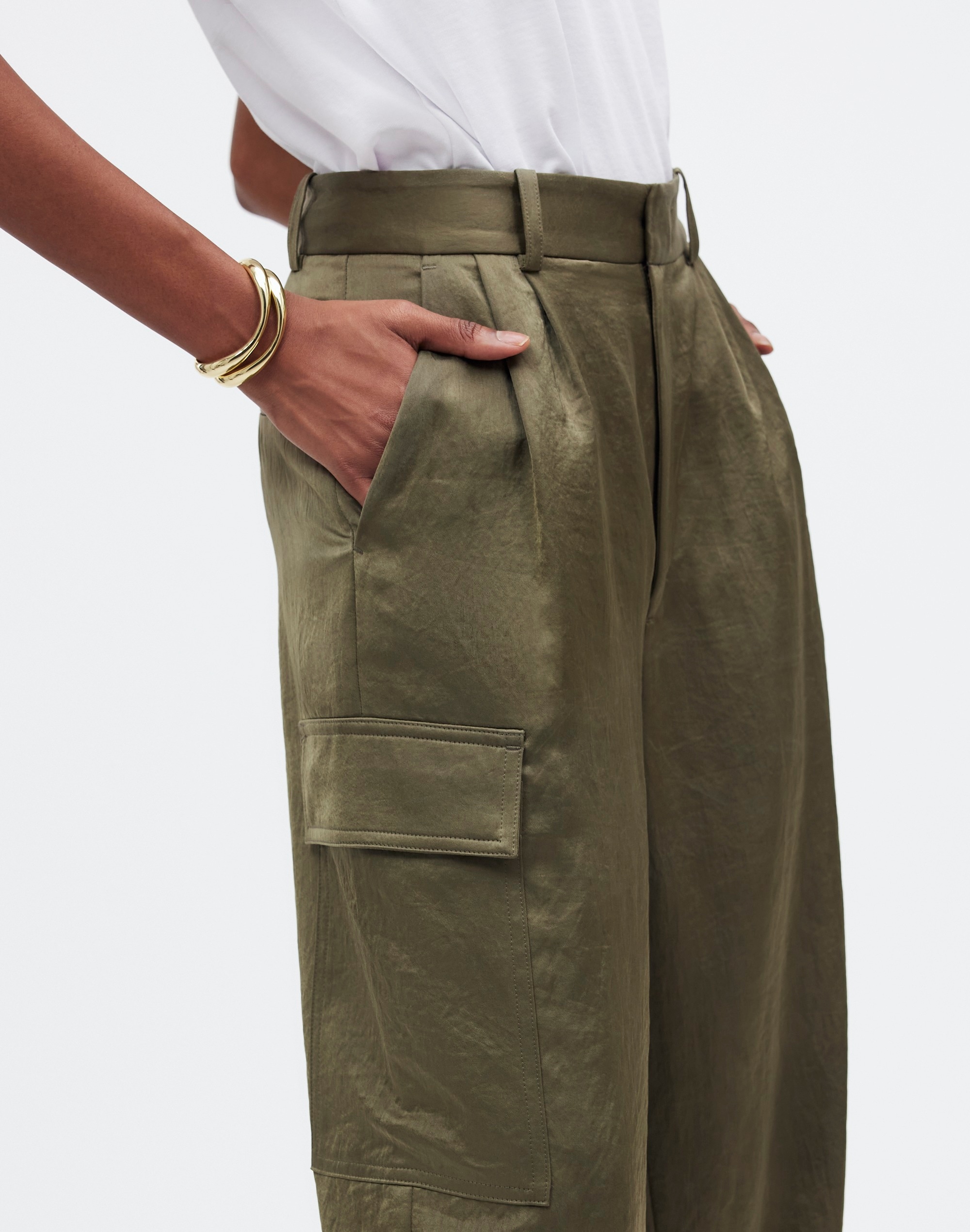 High-Rise Straight Cargo Trousers in Satin