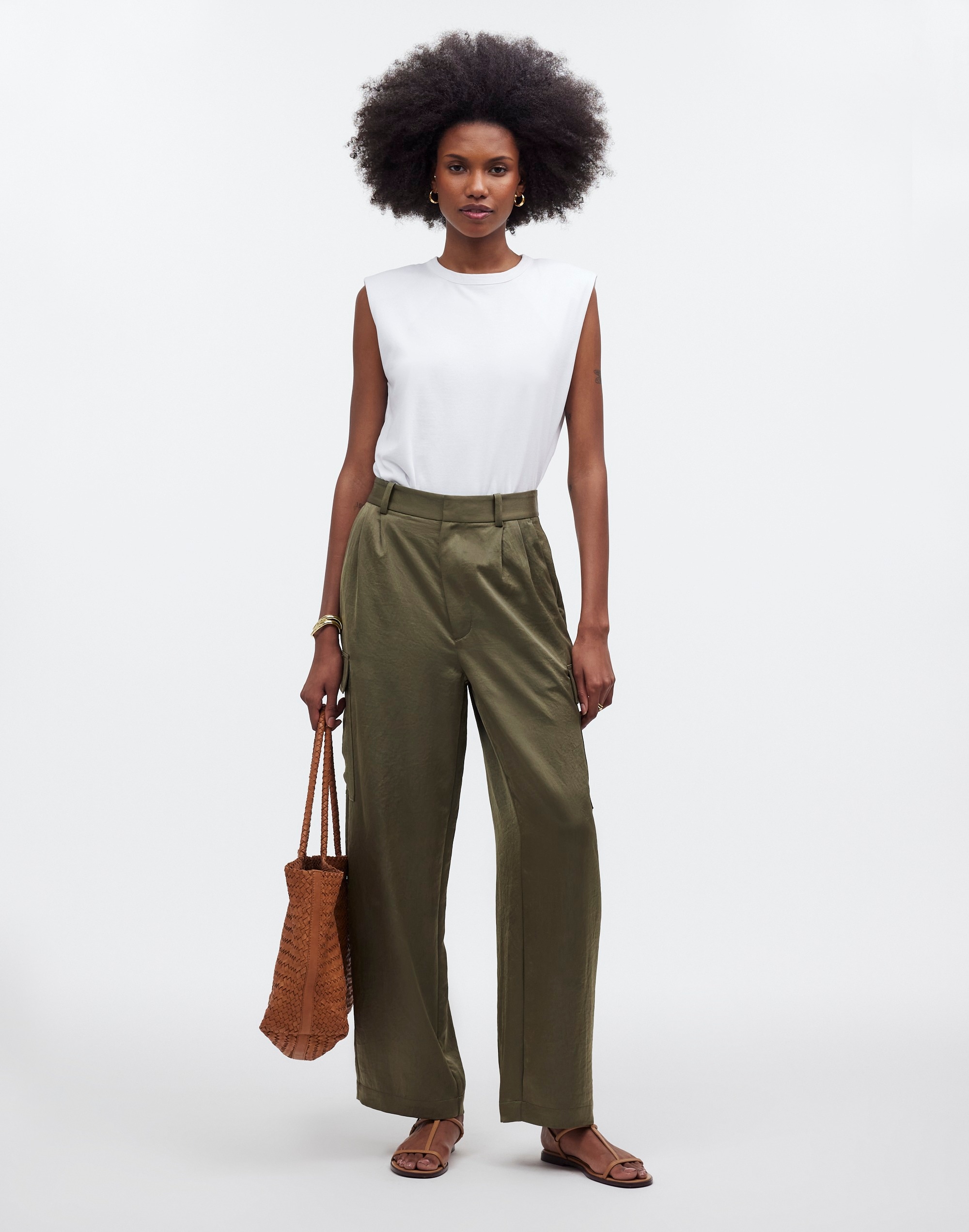 High-Rise Straight Cargo Trousers in Satin