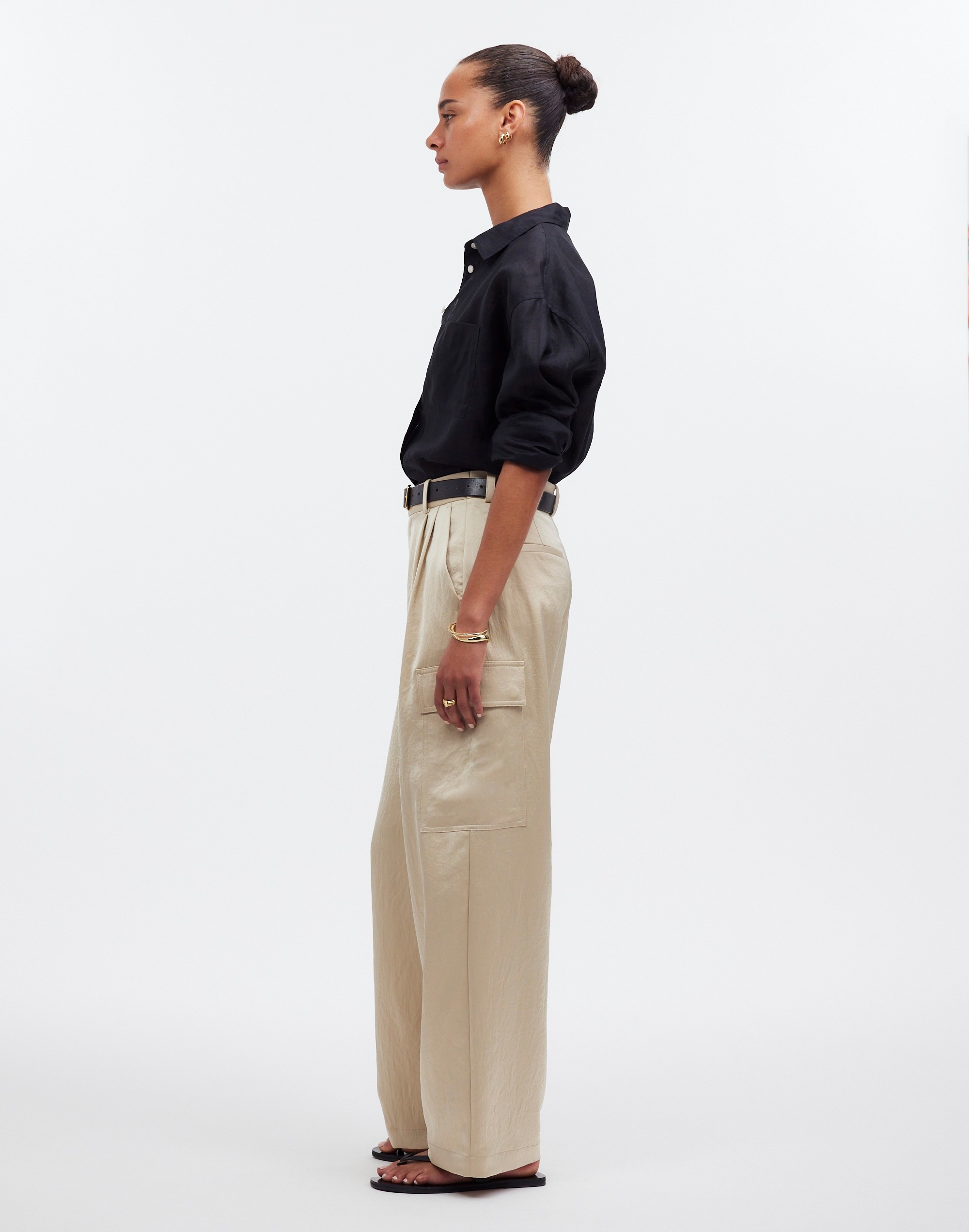 High-Rise Straight Cargo Trousers in Satin