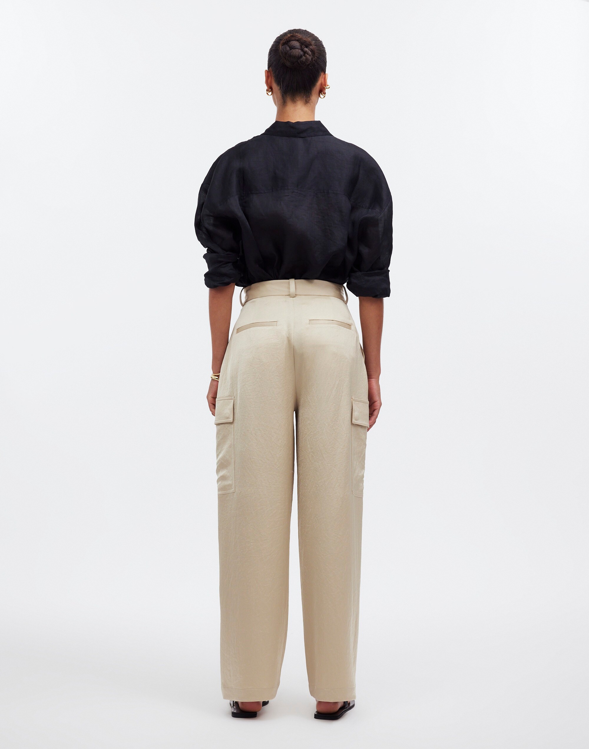High-Rise Straight Cargo Trousers in Satin