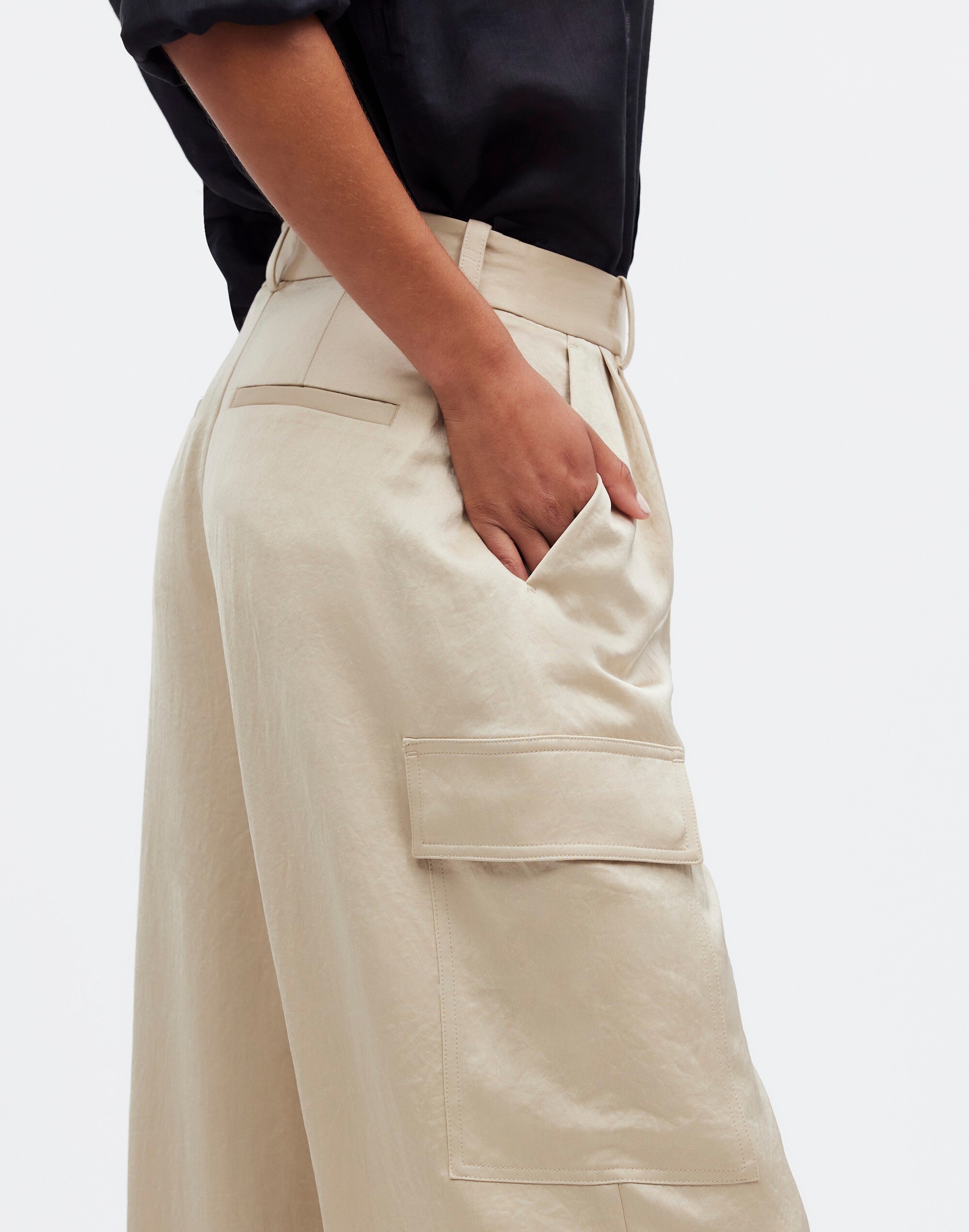 High-Rise Straight Cargo Trousers in Satin