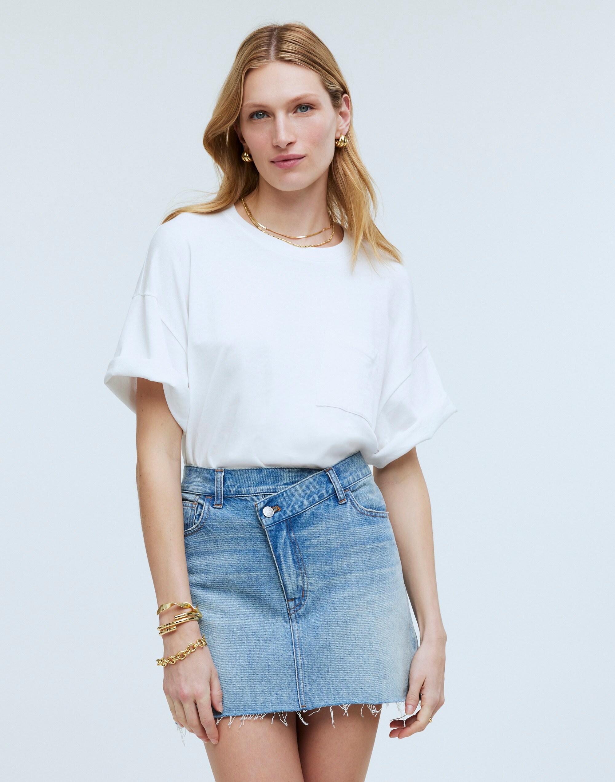 Denim Crossover-Waist Mini Skirt