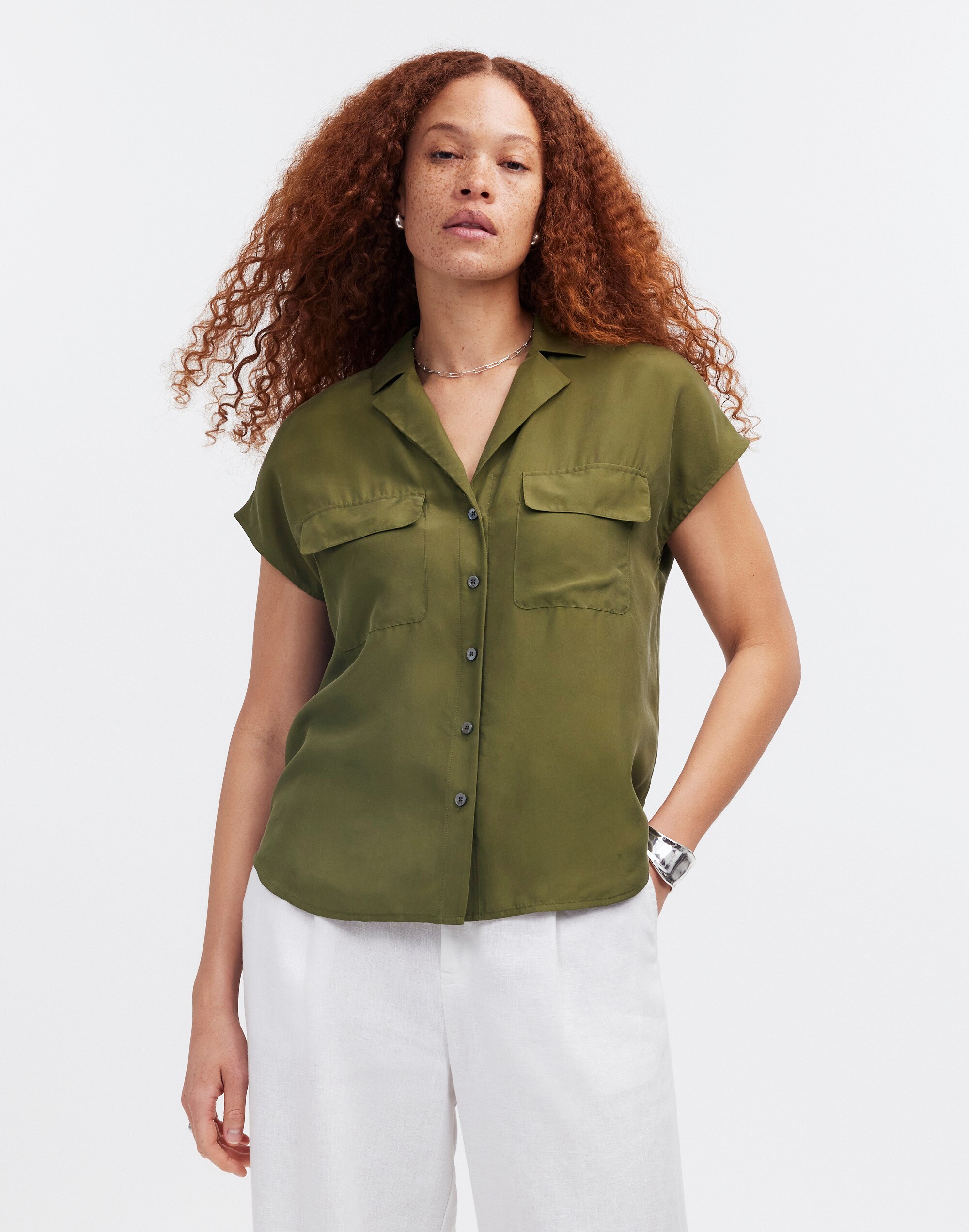Silk Drapey Patch-Pocket Sleeveless Shirt