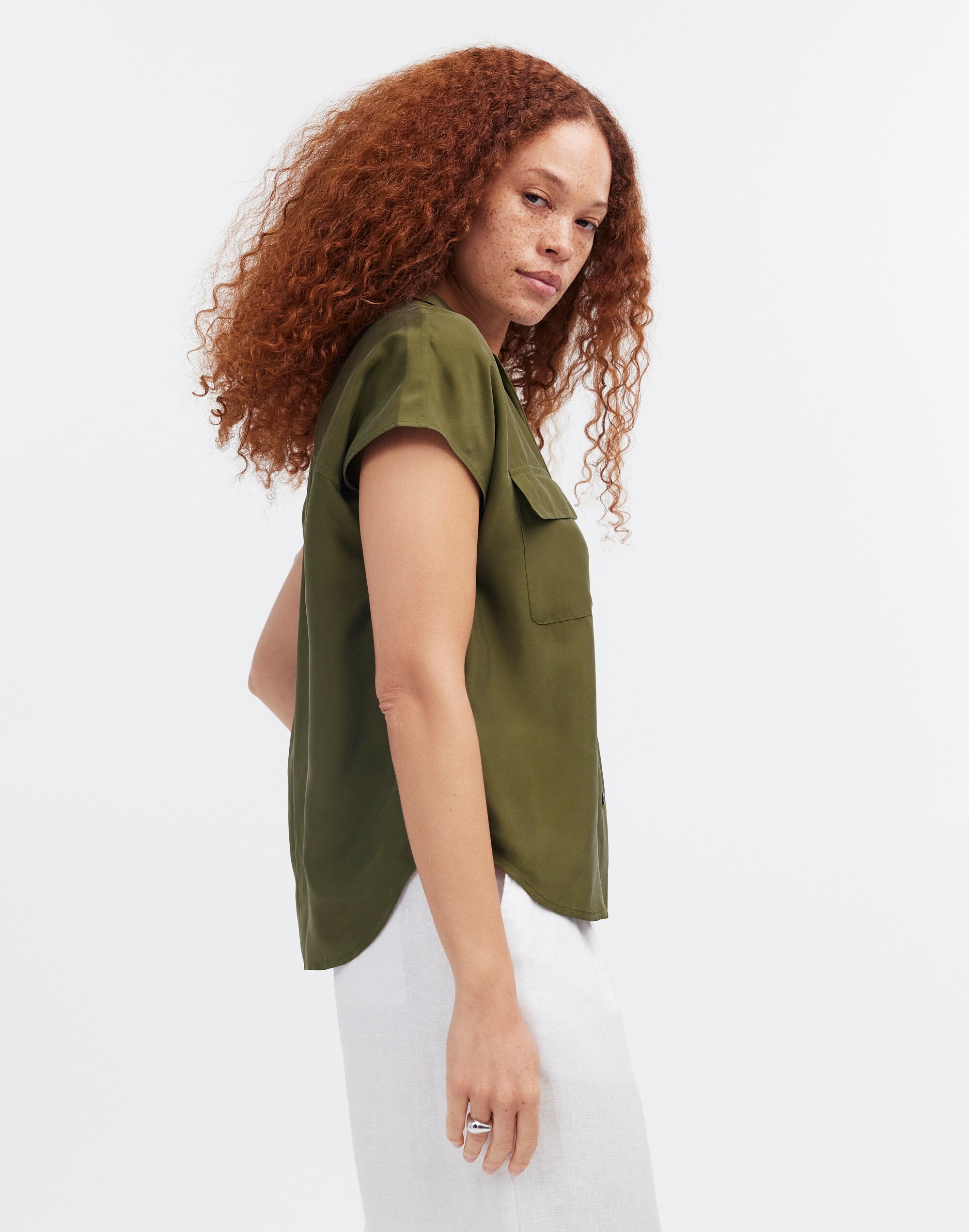 Silk Drapey Patch-Pocket Sleeveless Shirt