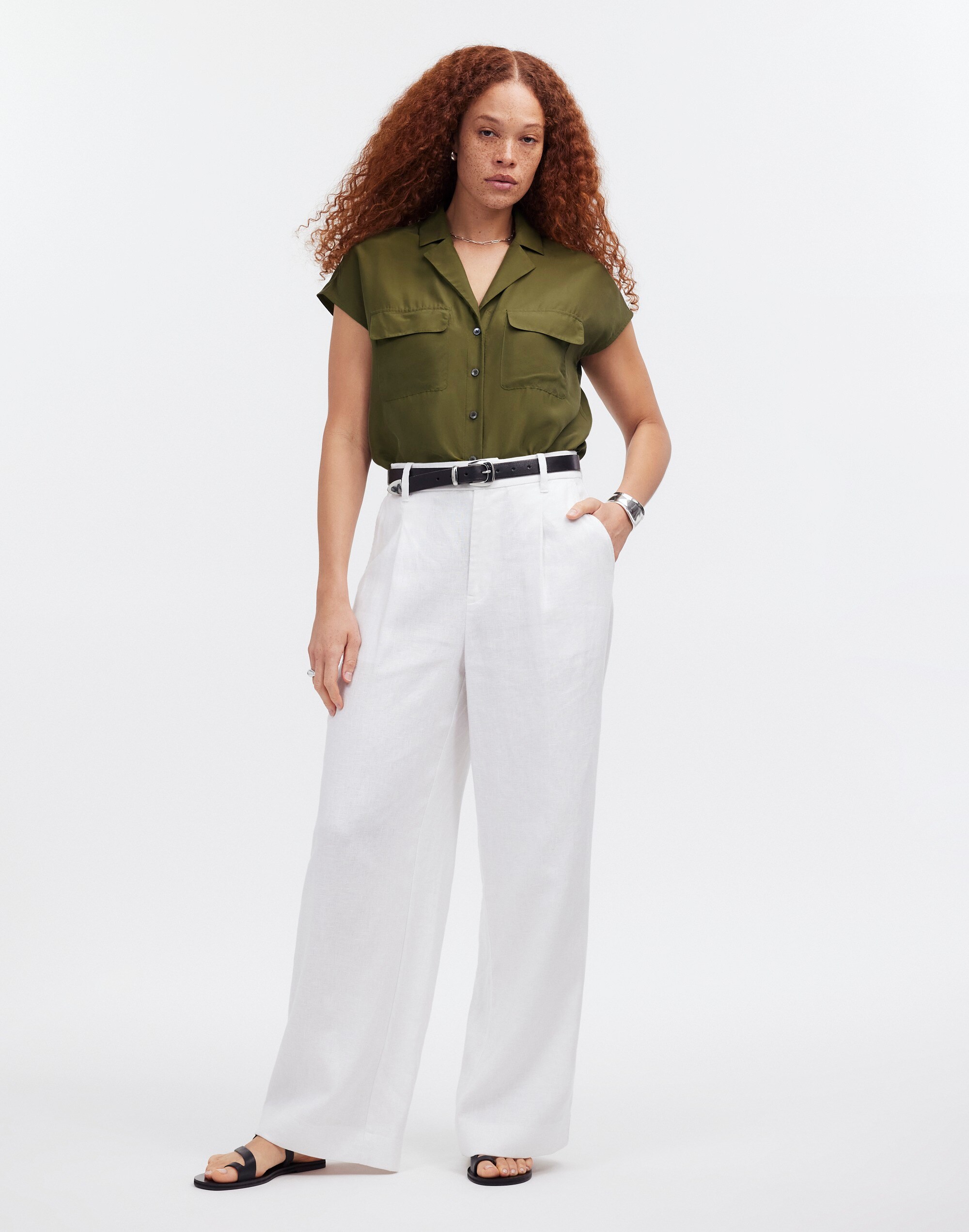 Silk Drapey Patch-Pocket Sleeveless Shirt