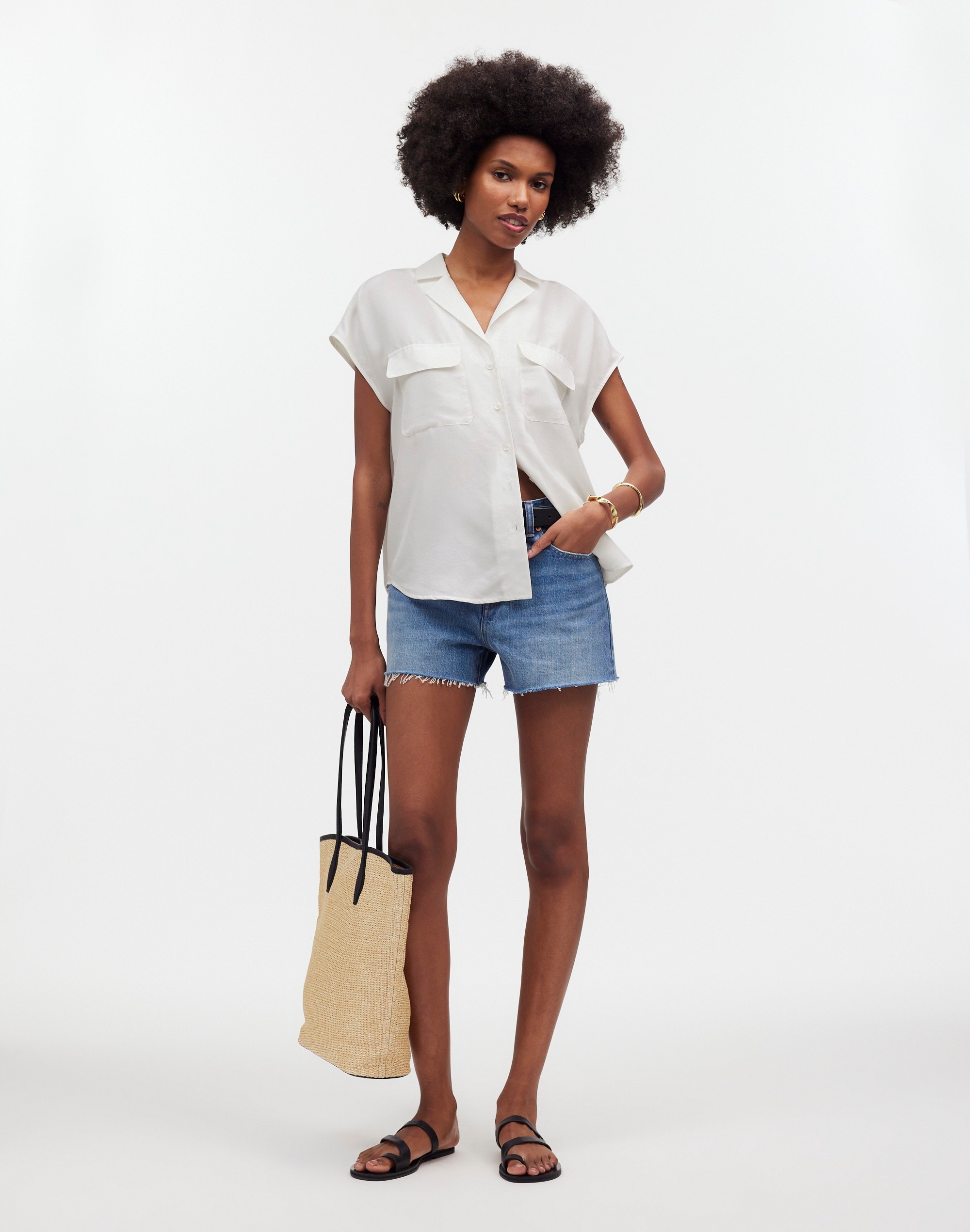 Silk Drapey Patch-Pocket Sleeveless Shirt in lighthouse image 2