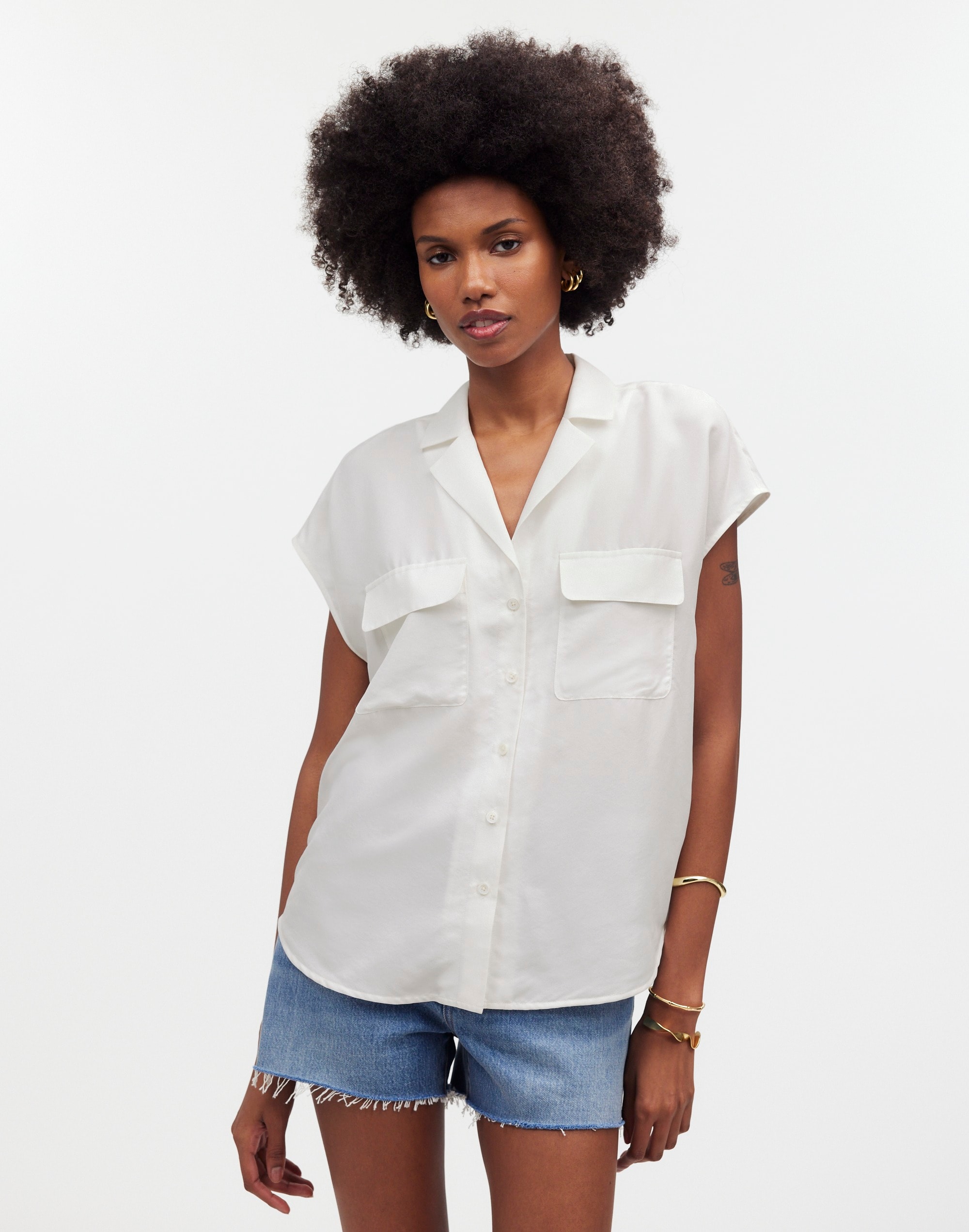 Silk Drapey Patch-Pocket Sleeveless Shirt in lighthouse image 1