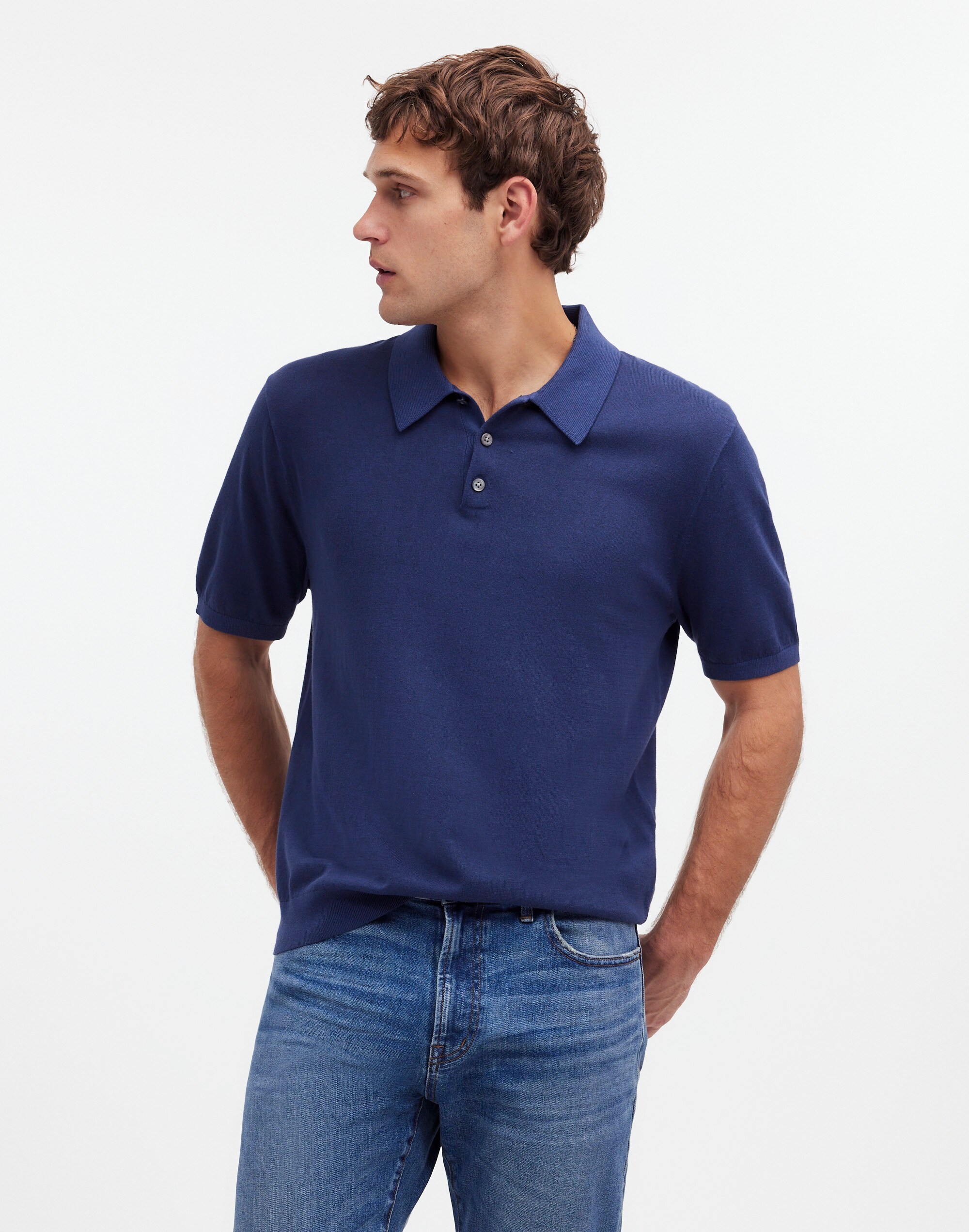 Shop Mw Three-button Sweater Polo Shirt In Classic Indigo