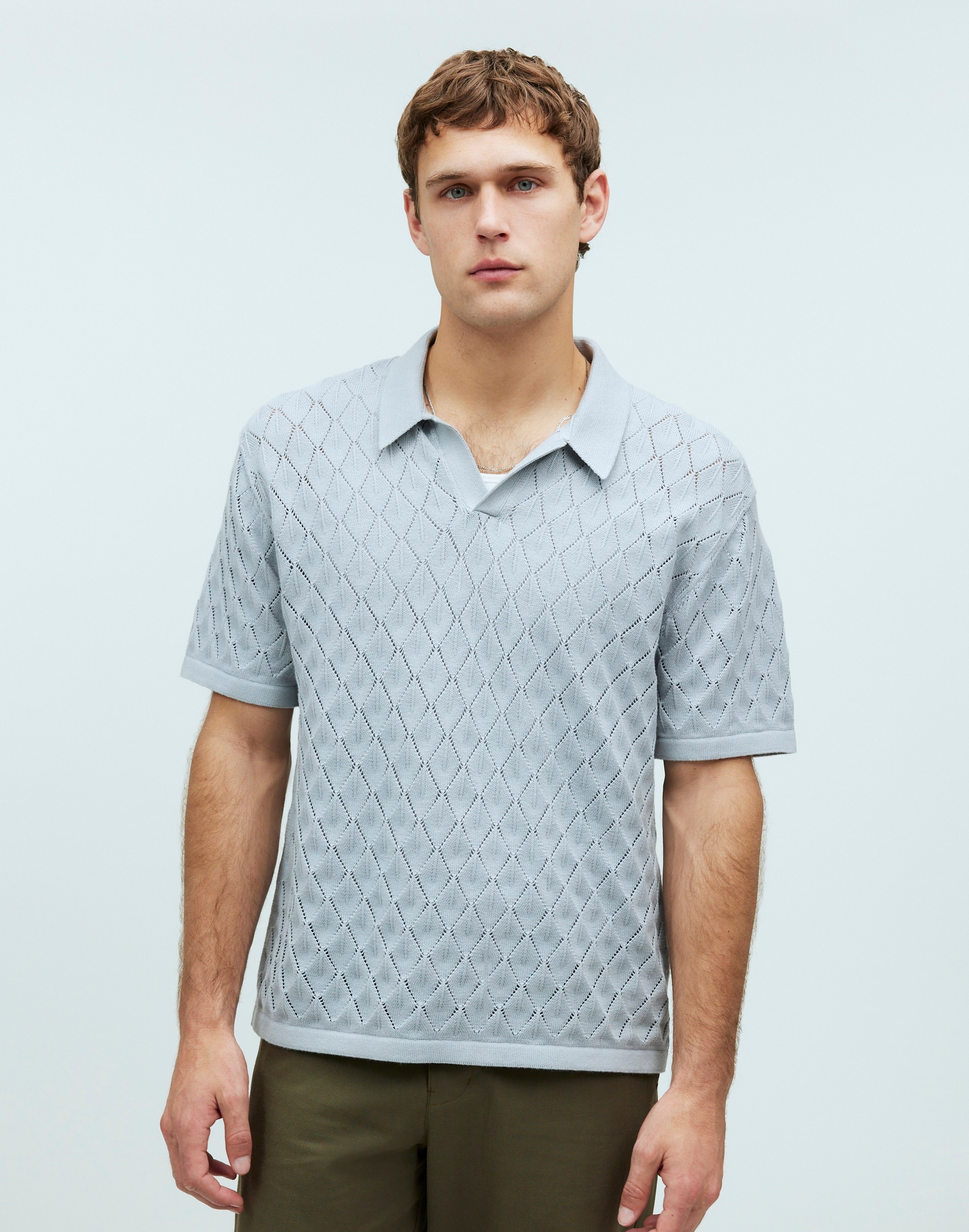 Shop Mw Johnny-collar Sweater Polo Shirt In Glassware Blue