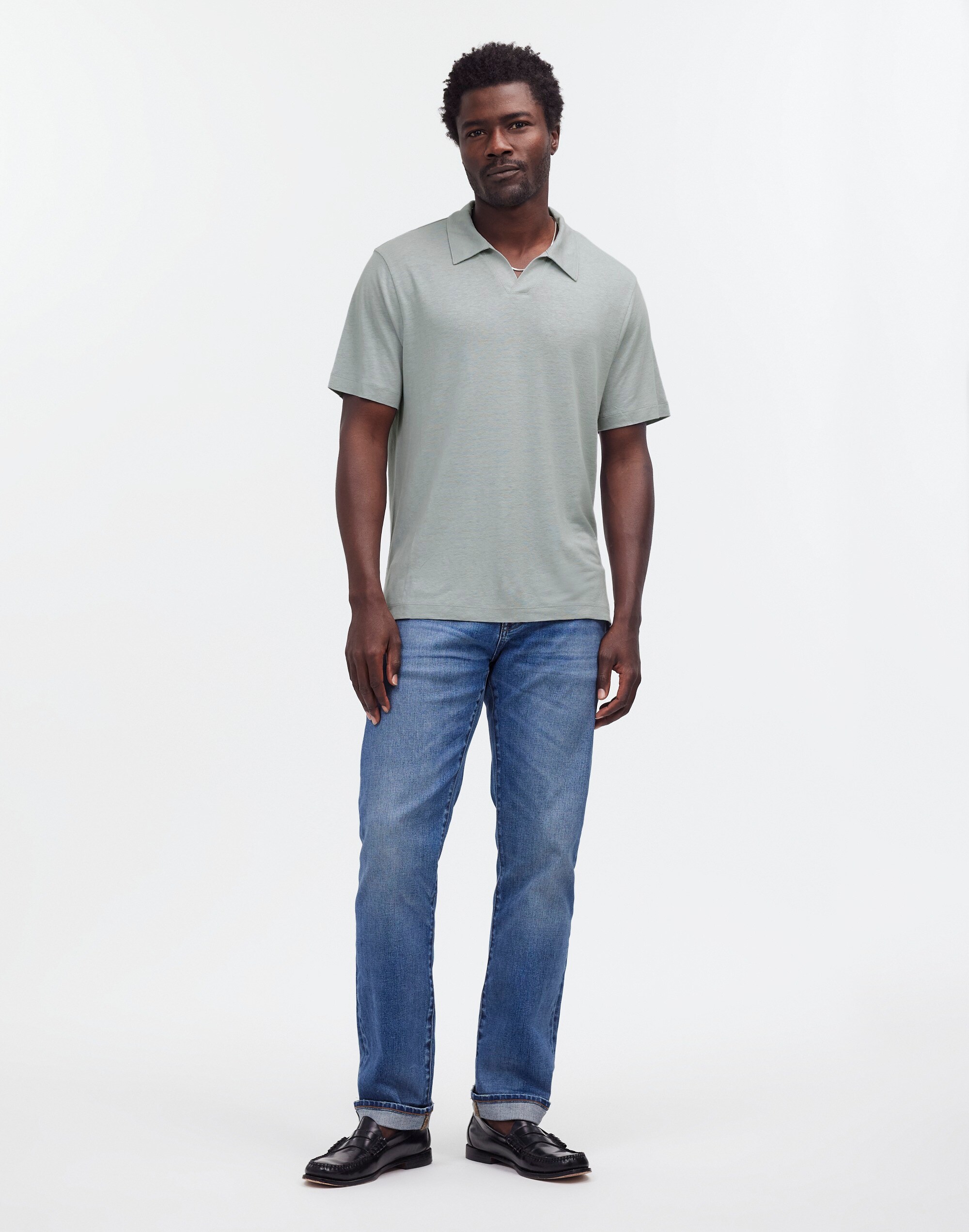 Linen-Blend Johnny-Collar Knit Polo Shirt