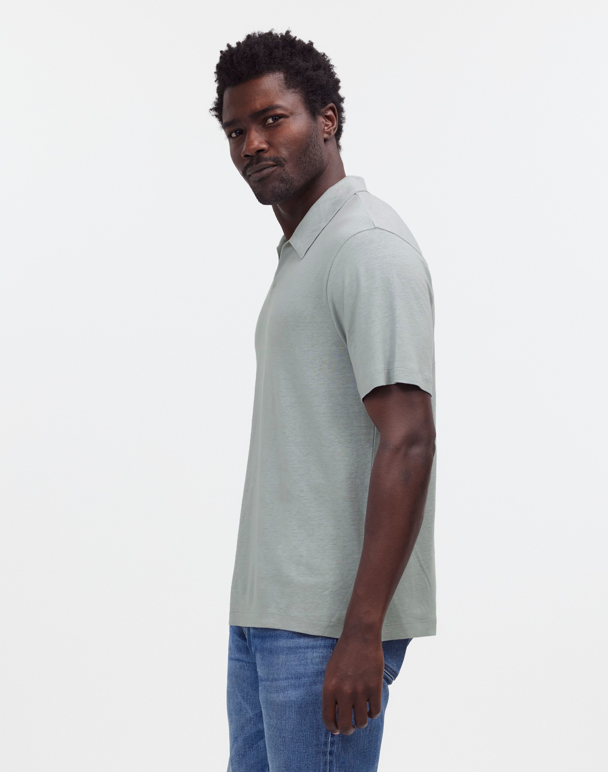 Linen-Blend Johnny-Collar Knit Polo Shirt