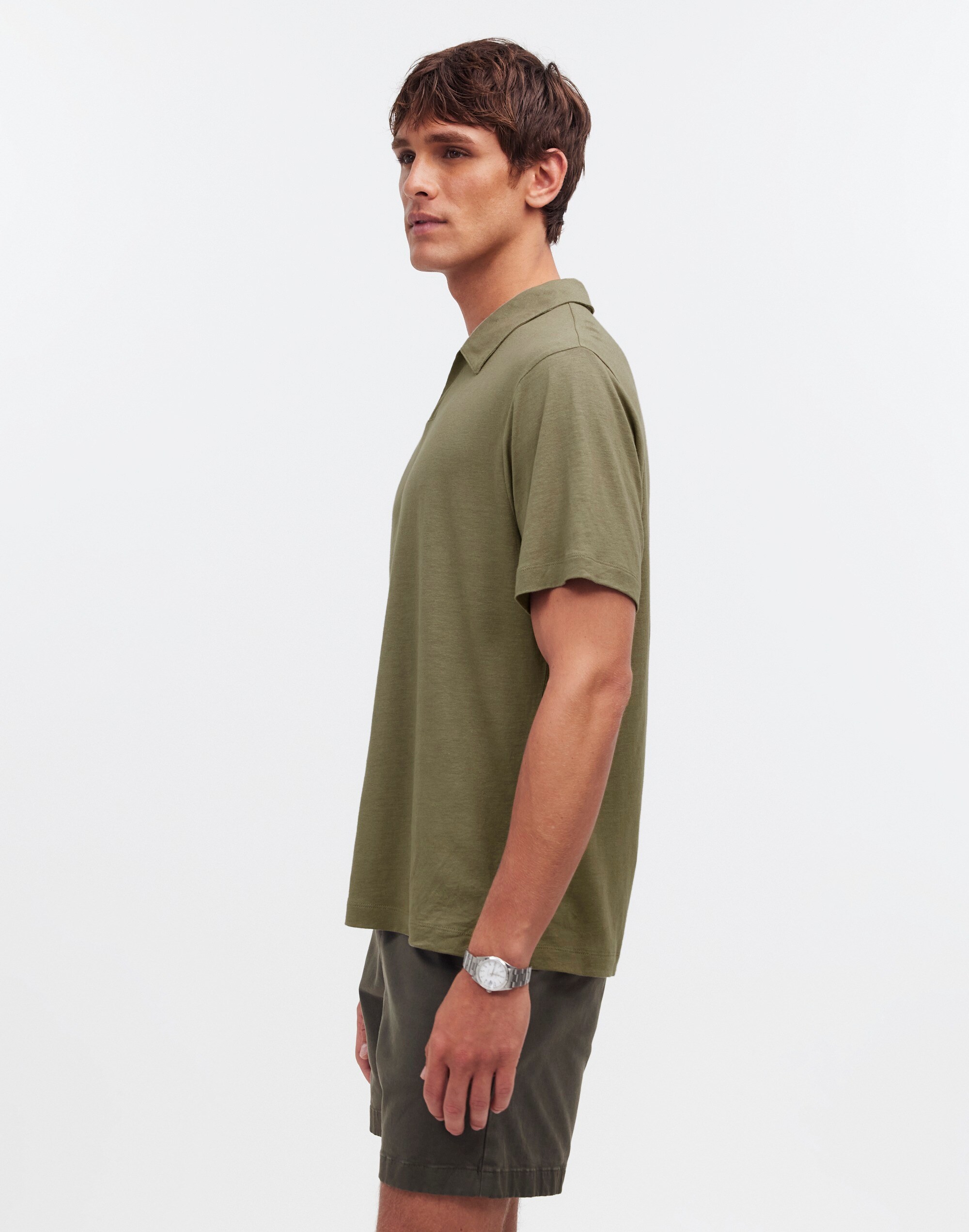 Linen-Blend Johnny-Collar Knit Polo Shirt