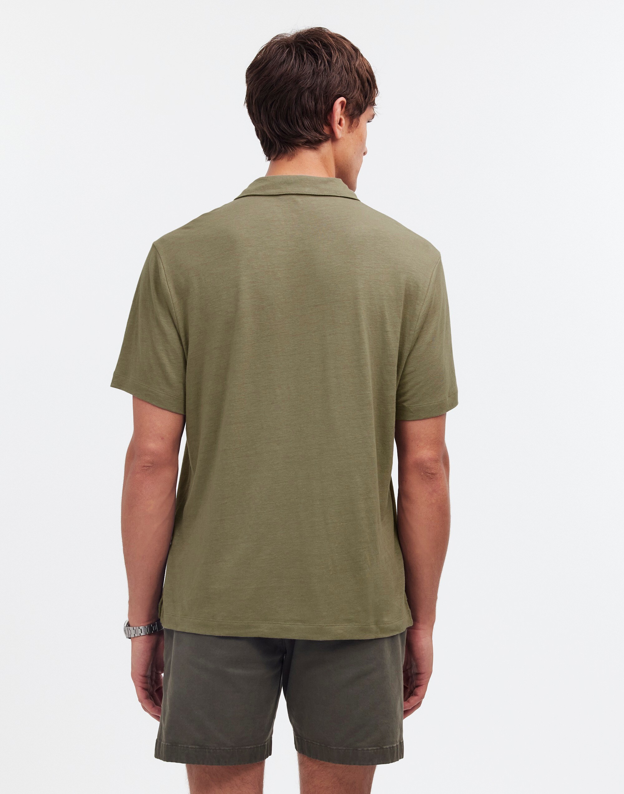 Linen-Blend Johnny-Collar Knit Polo Shirt