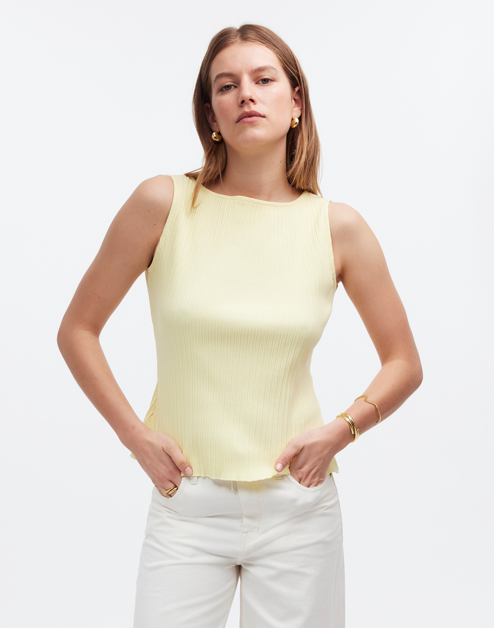 Mw Ribbed Boatneck Tank In Pale Pineapple