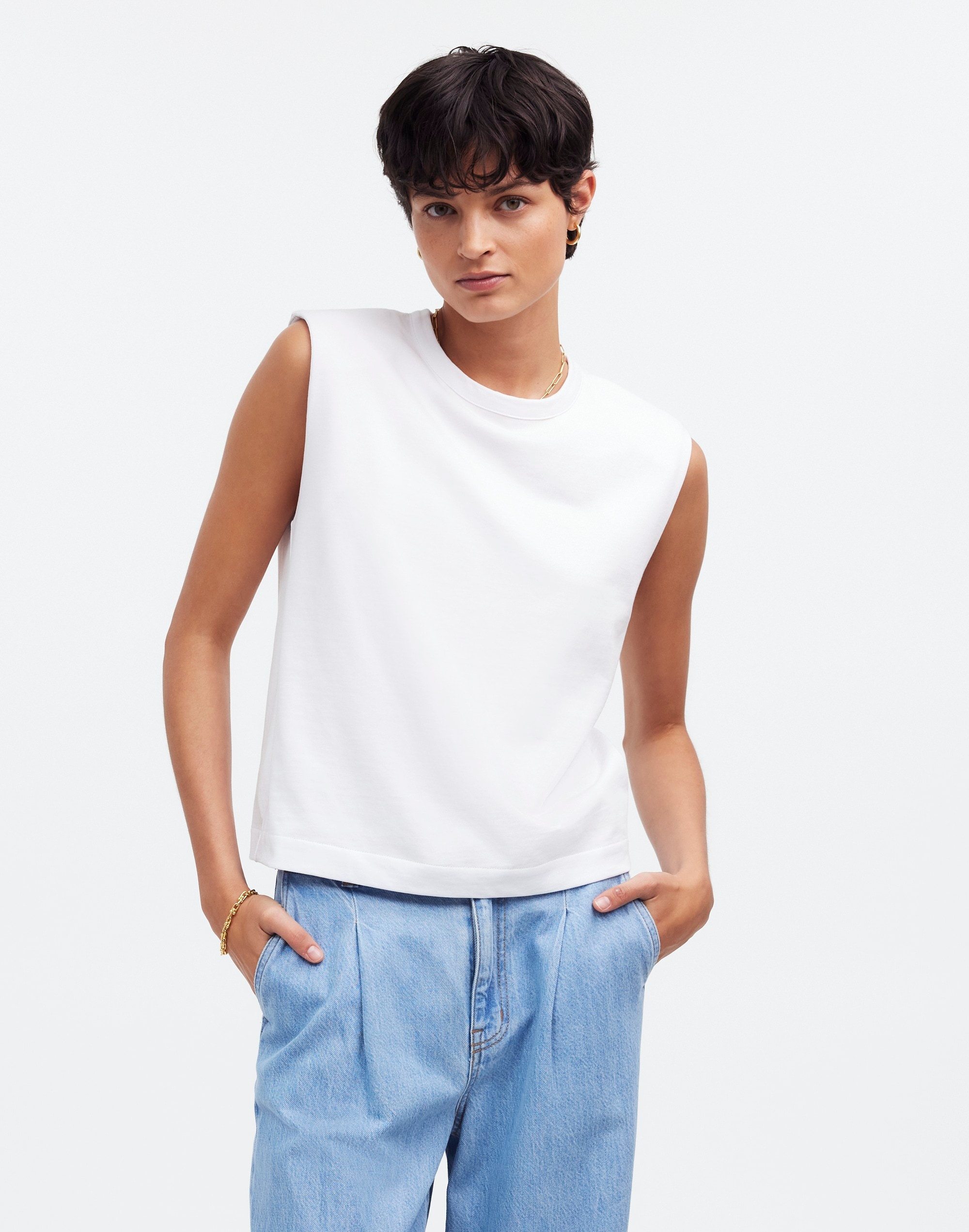 Mw Structured Muscle Tee In Eyelet White