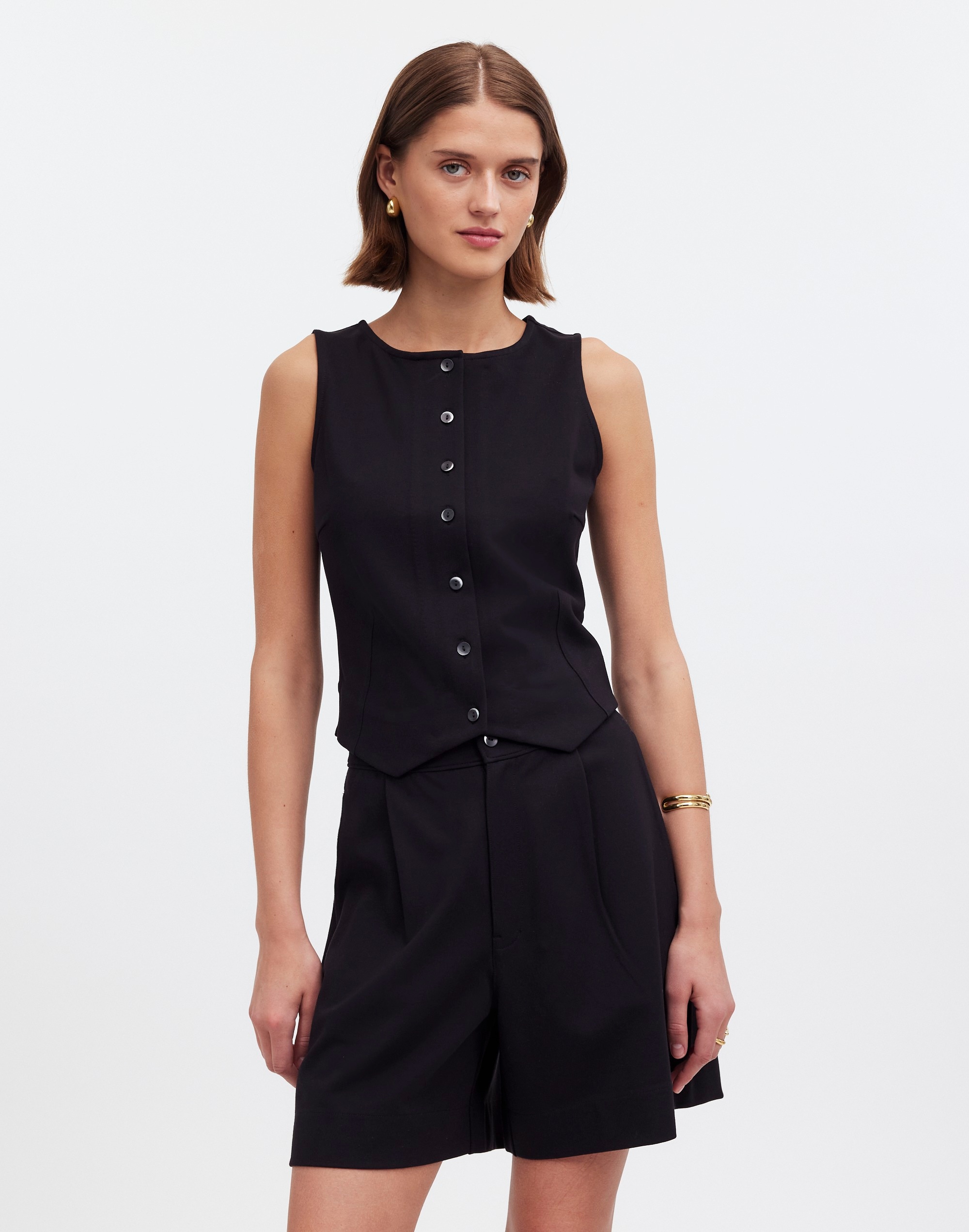 cutaway button-front vest in ponte