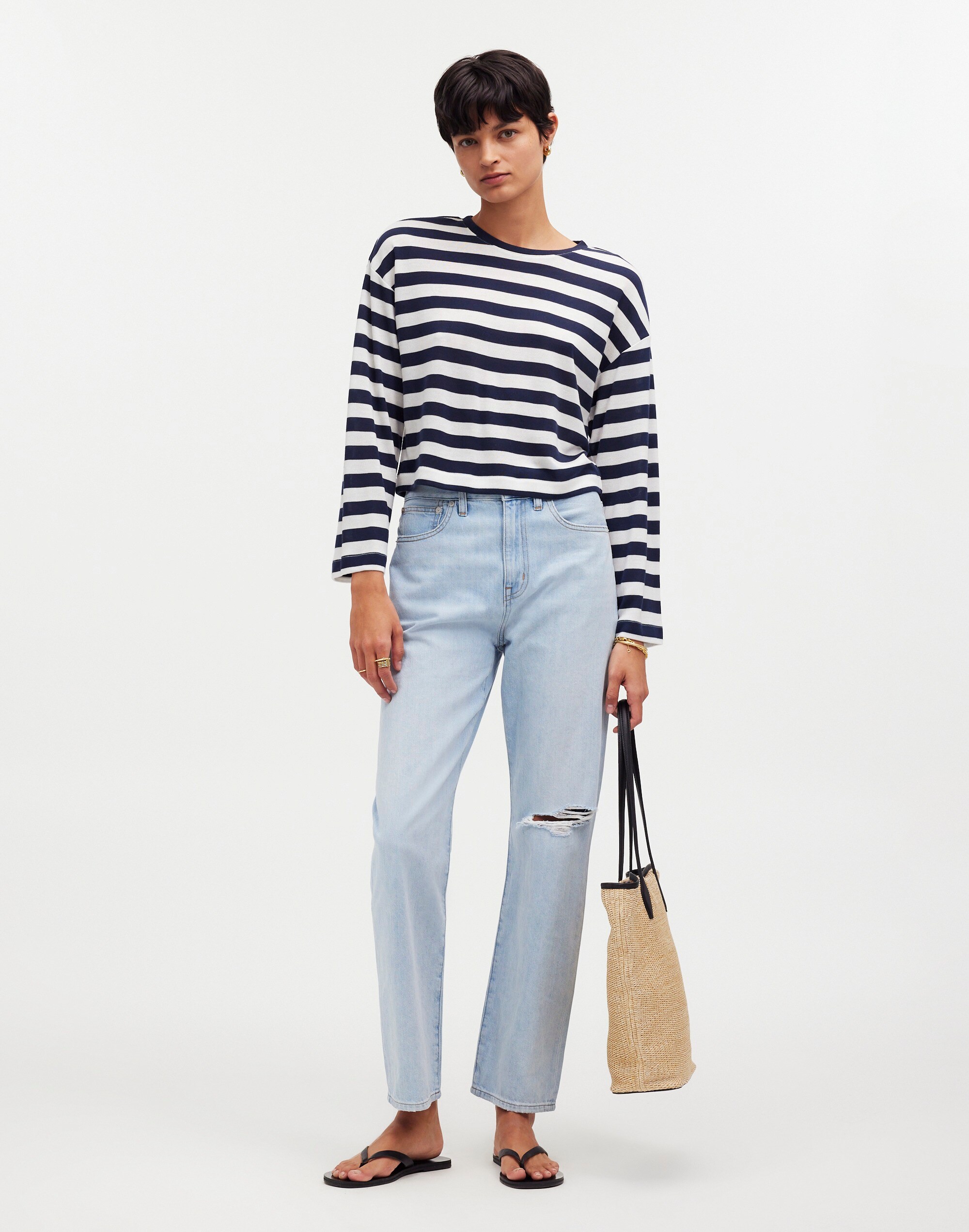 Drop-Shoulder Pullover Crop Tee in Stripe