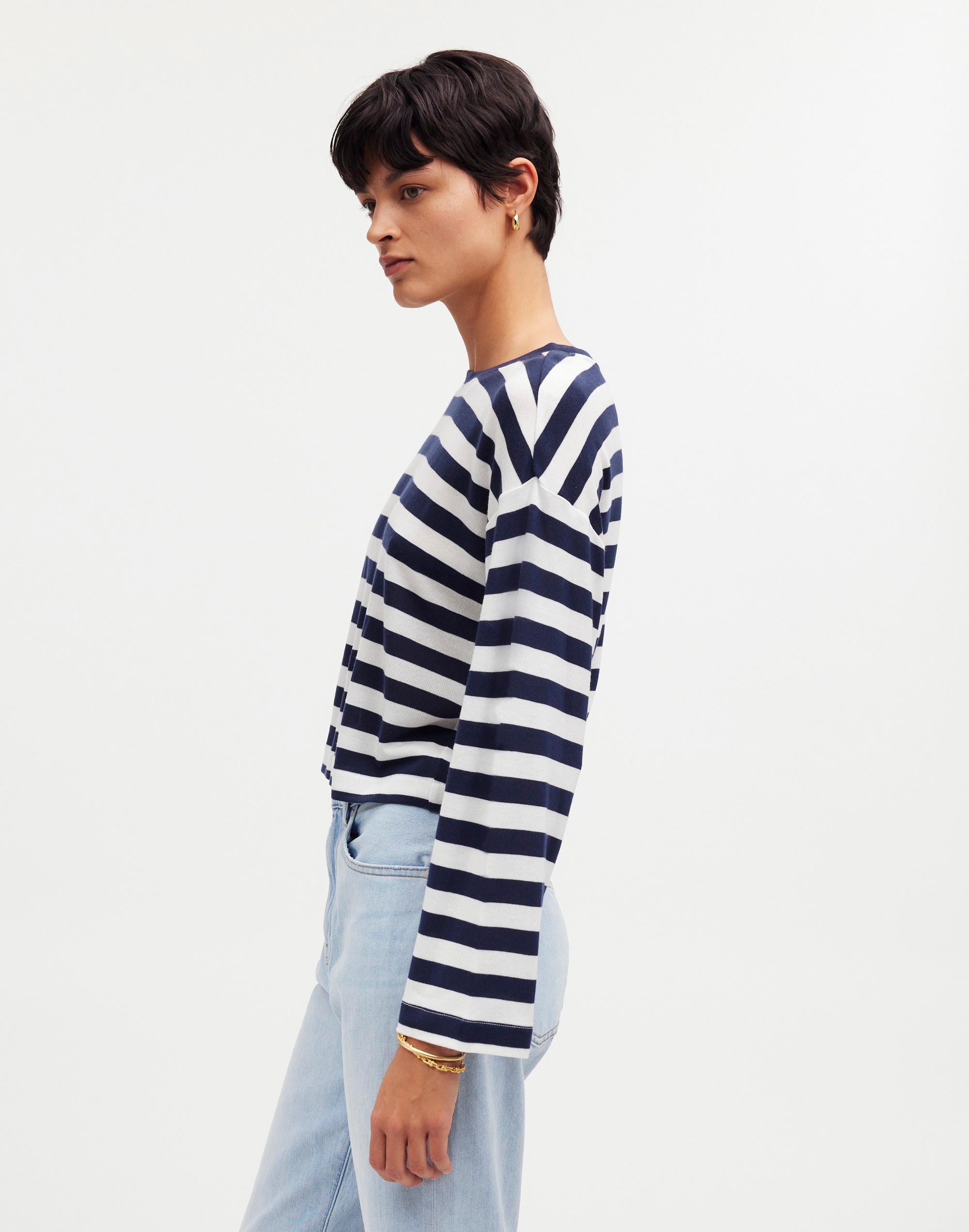 Drop-Shoulder Pullover Crop Tee in Stripe