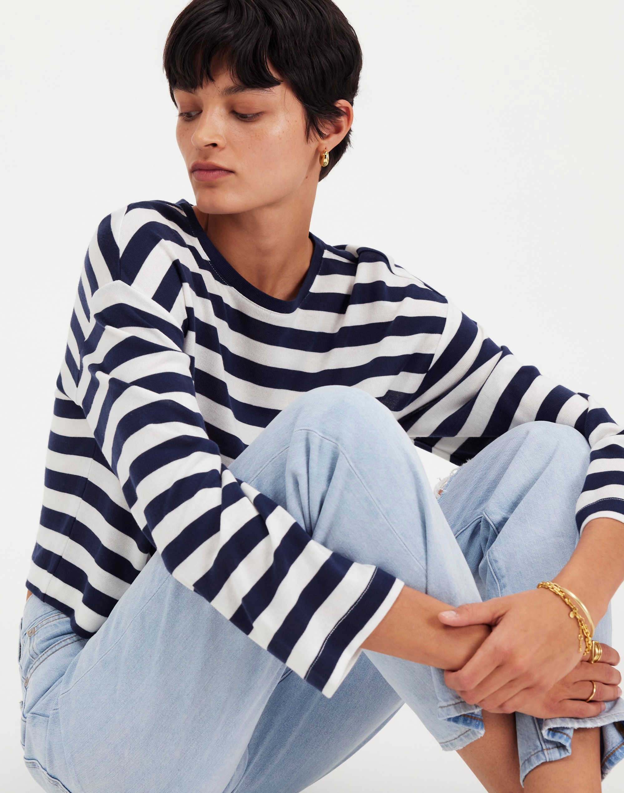 Drop-Shoulder Pullover Crop Tee in Stripe