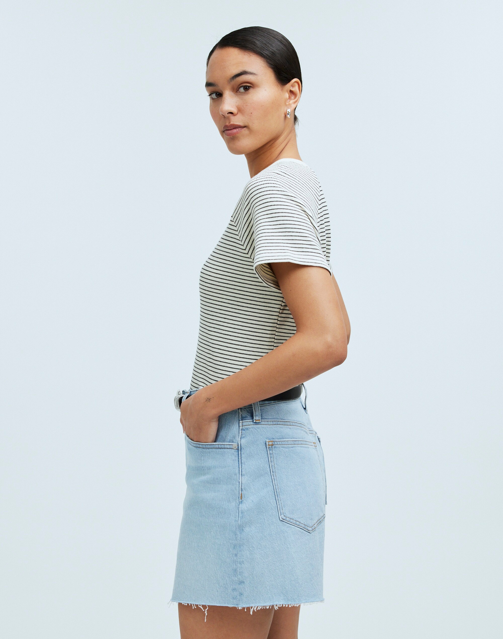 Splitneck Raglan-Sleeve Tee in Stripe in antique cream image 3